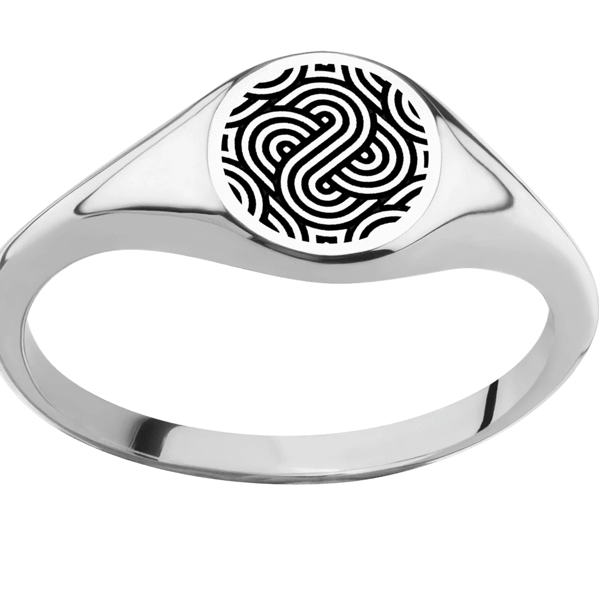 Small Circle signet ring (10mm) in Platinum, with a Thin style band and an Abstract 1 engraving. - Image 3