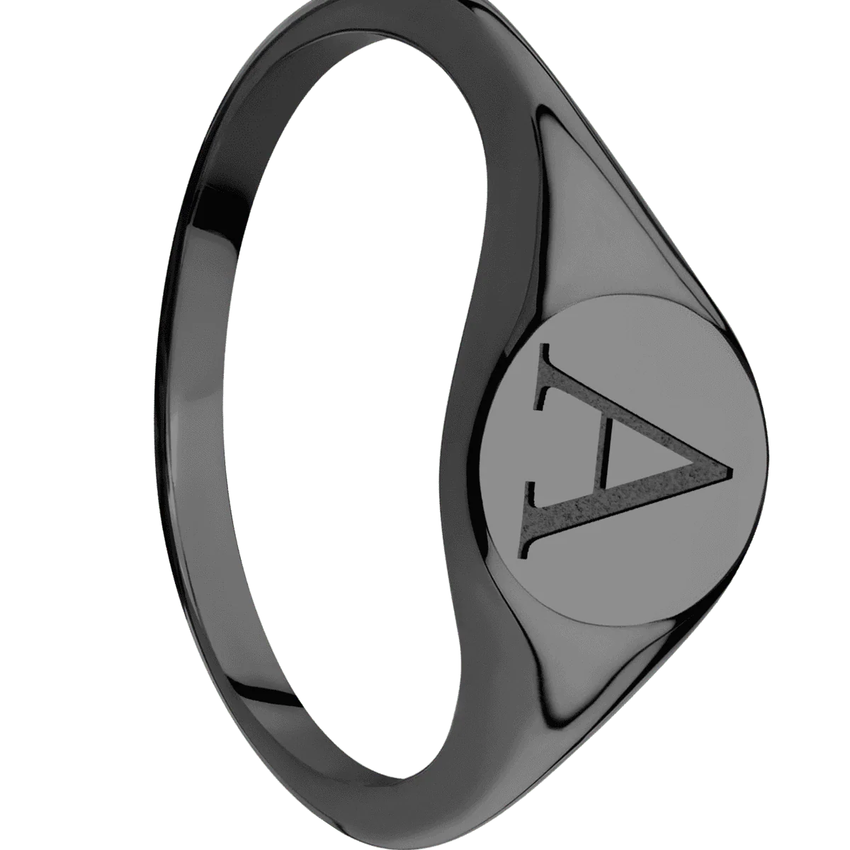 Small Circle signet ring (10mm) in Zirconium, with a Thin style band and a Book Antiqua 1 engraving.