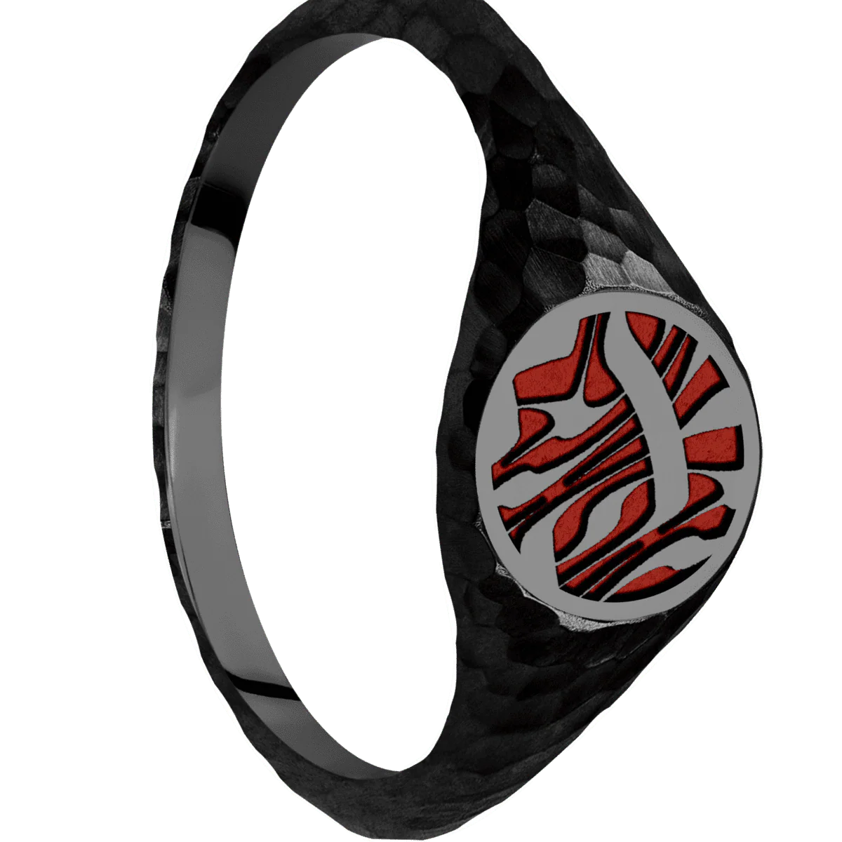 Small Circle signet ring (10mm) in Zirconium, with a Thin style band and an Escher 1 engraving.