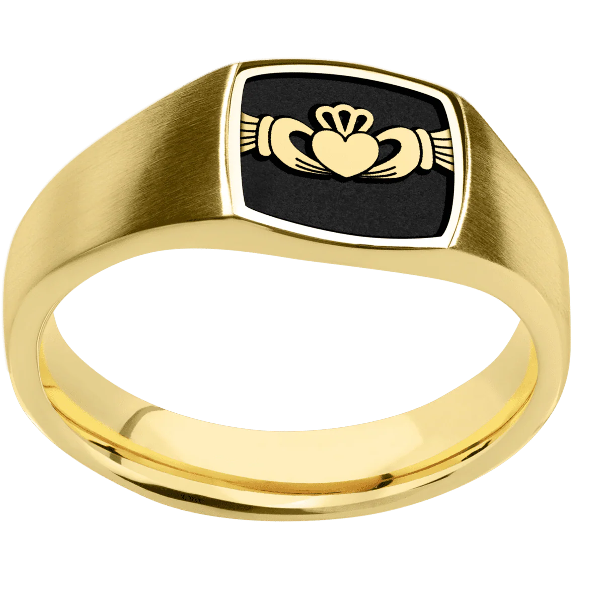 Small Cushion signet ring (10x10mm) in 10K Yellow Gold, with a Wide style band, a 14K Yellow Gold inlay and a Claddagh 4 engraving. - Image 3