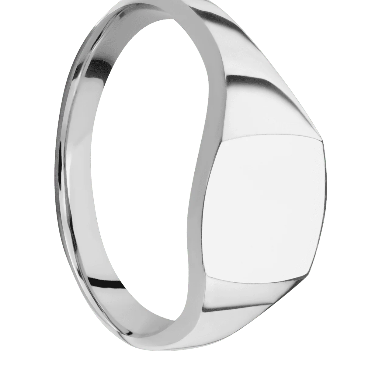 Small Cushion signet ring (10x10mm) in 18K White Gold, with a Thin style band.