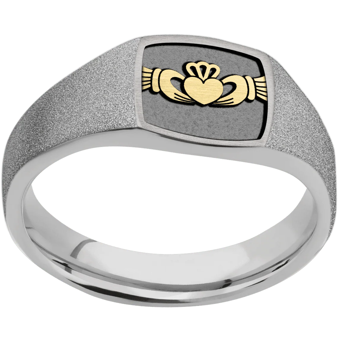 Small Cushion signet ring (10x10mm) in Titanium, with a Wide style band, a 14K Yellow Gold inlay and a Claddagh 4 engraving. - Image 3