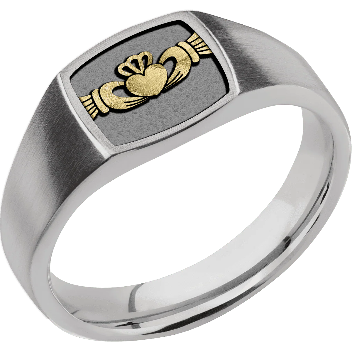 Small Cushion signet ring (10x10mm) in Titanium, with a Wide style band, a 14K Yellow Gold inlay and a Claddagh 4 engraving. - Image 2