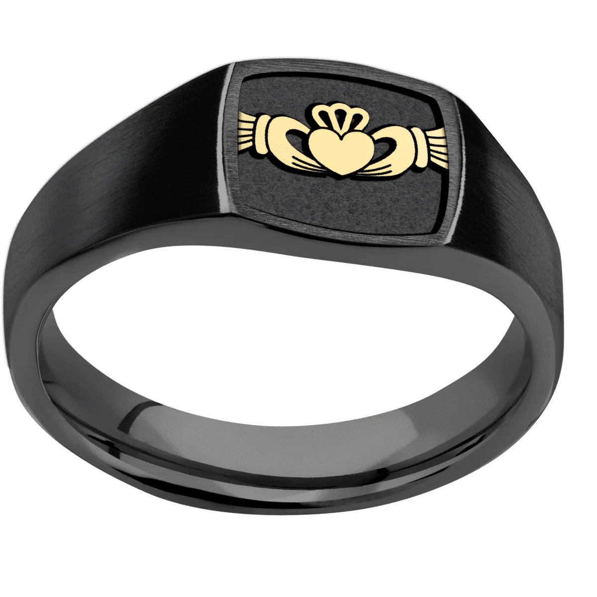Small Cushion signet ring (10x10mm) in Zirconium, with a Wide style band, a 14K Yellow Gold inlay and a Claddagh 4 engraving. - Image 3