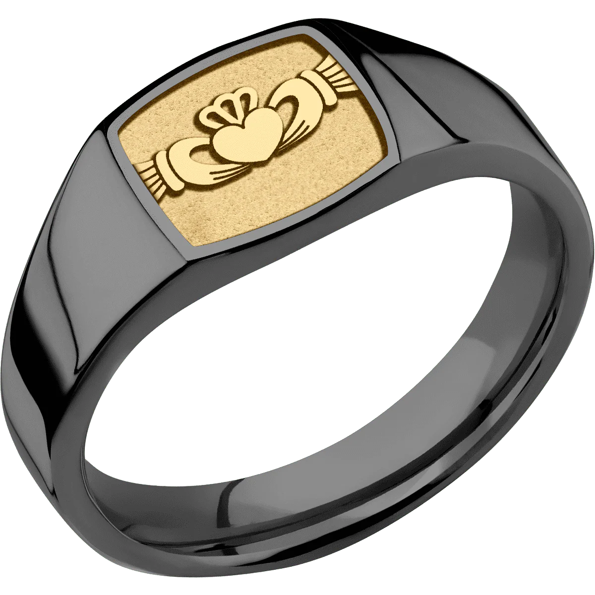 Small Cushion signet ring (10x10mm) in Zirconium, with a Wide style band, a 14K Yellow Gold inlay and a Claddagh 4 engraving. - Image 2