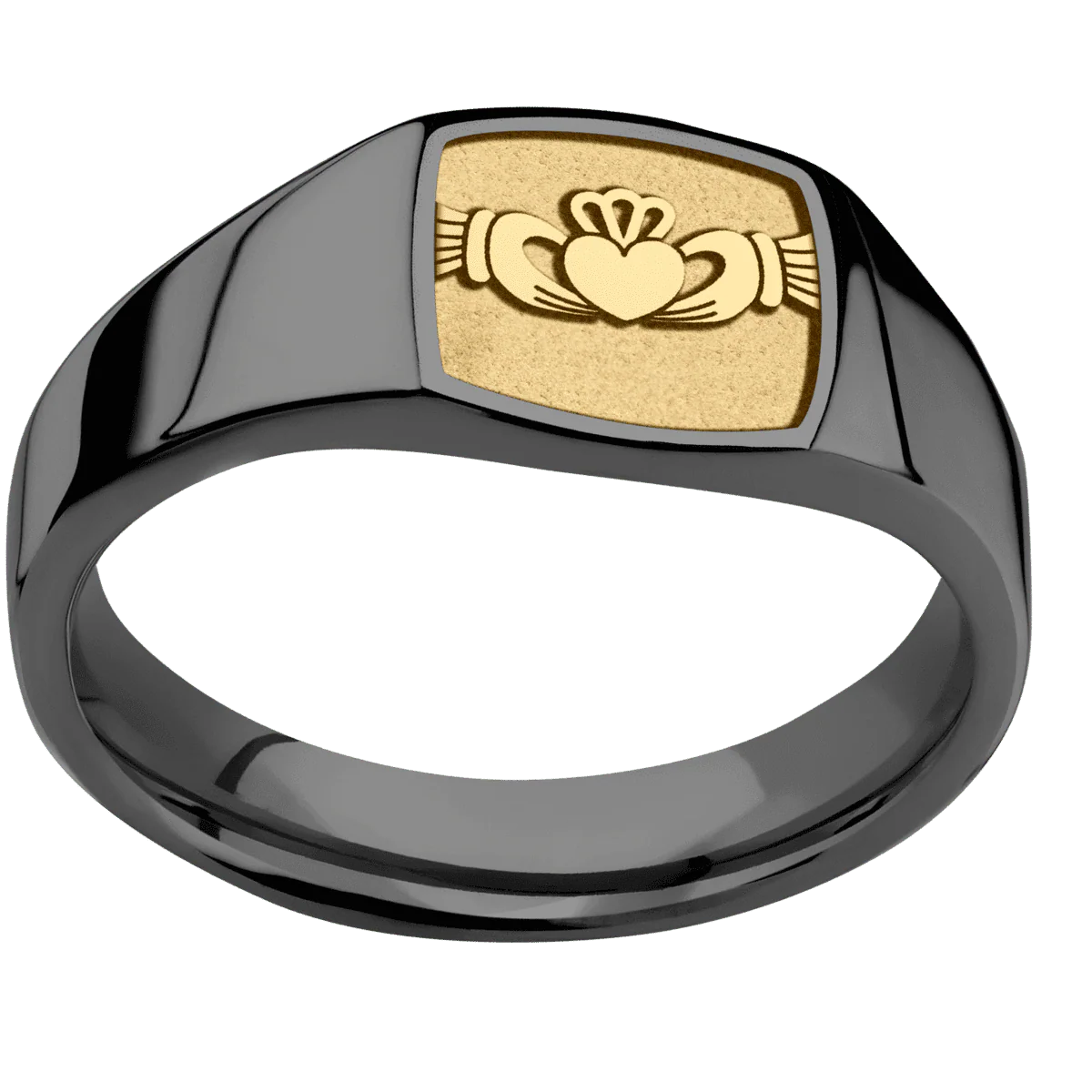 Small Cushion signet ring (10x10mm) in Zirconium, with a Wide style band, a 14K Yellow Gold inlay and a Claddagh 4 engraving. - Image 3