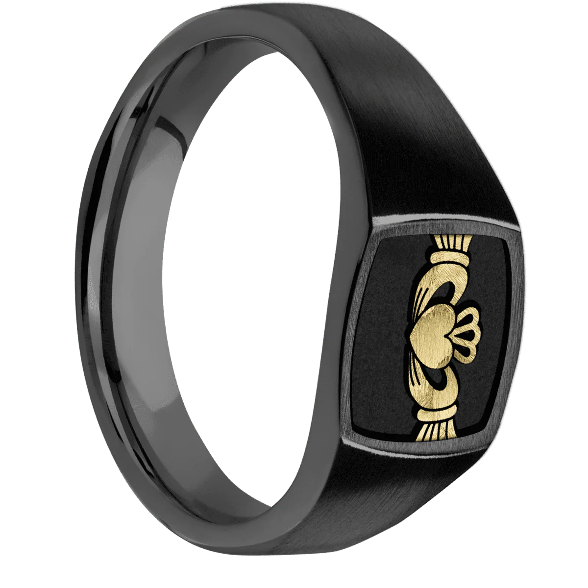 Small Cushion signet ring (10x10mm) in Zirconium, with a Wide style band, a 14K Yellow Gold inlay and a Claddagh 4 engraving.