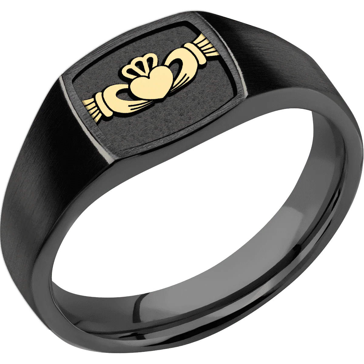 Small Cushion signet ring (10x10mm) in Zirconium, with a Wide style band, a 14K Yellow Gold inlay and a Claddagh 4 engraving. - Image 2