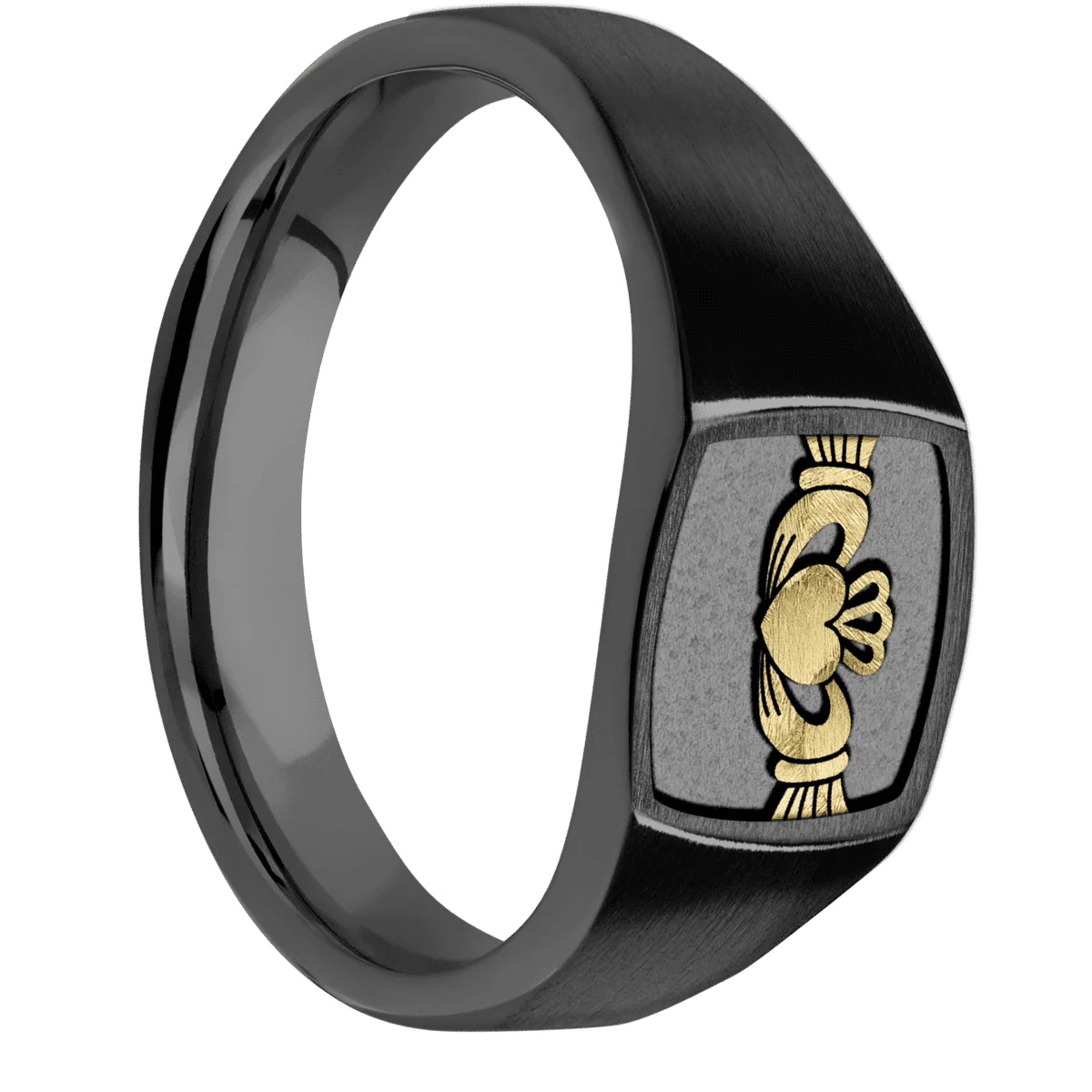 Small Cushion signet ring (10x10mm) in Zirconium, with a Wide style band, a 14K Yellow Gold inlay and a Claddagh 4 engraving.