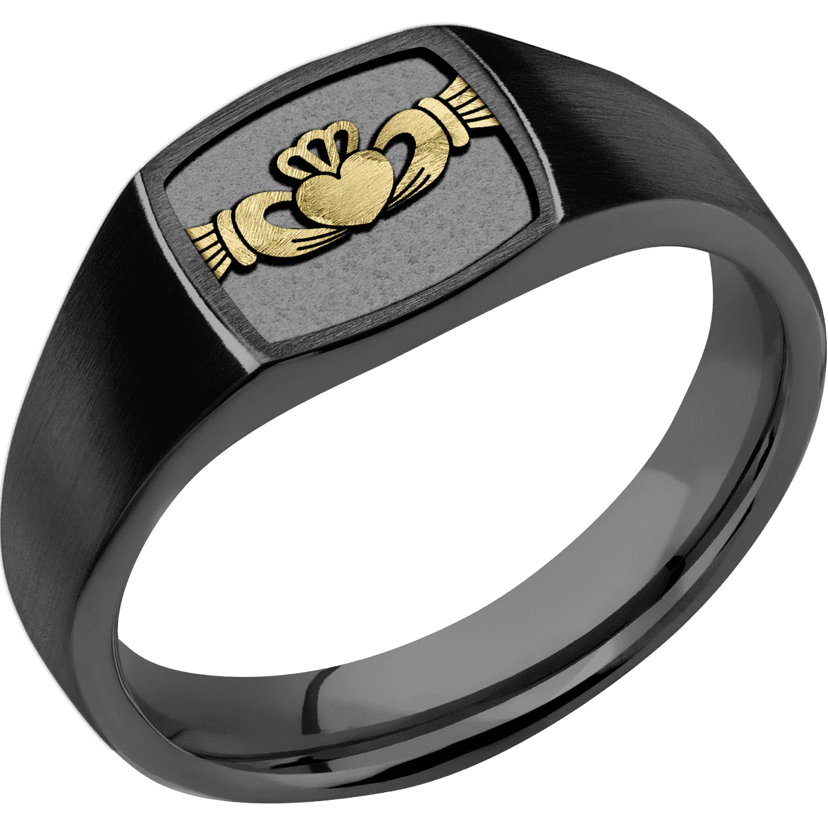 Small Cushion signet ring (10x10mm) in Zirconium, with a Wide style band, a 14K Yellow Gold inlay and a Claddagh 4 engraving. - Image 2