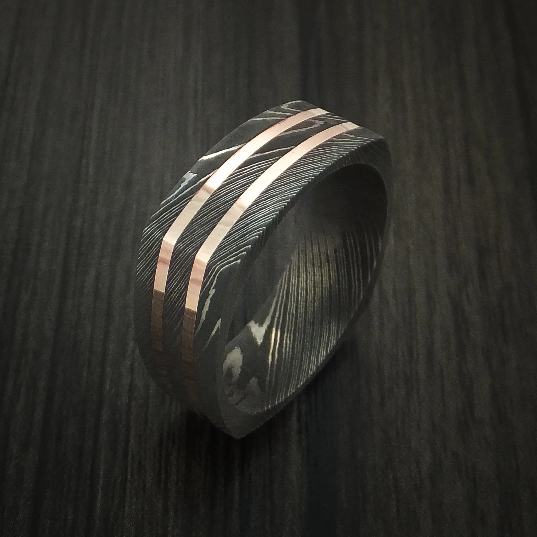 Squared Damascus Steel Men's Ring with 14k Rose Gold Inlays Custom Made Band - Image 4
