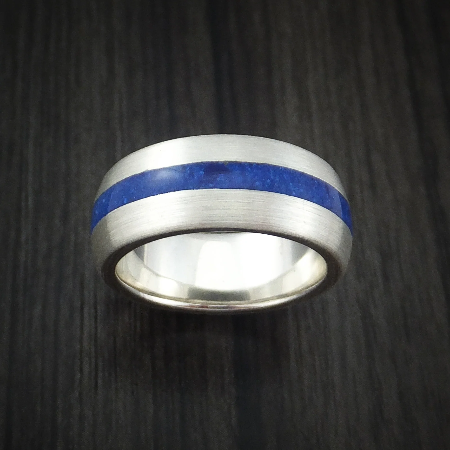 Palladium Silver Men's Ring with Lapis Inlay Custom Made Band - Image 2