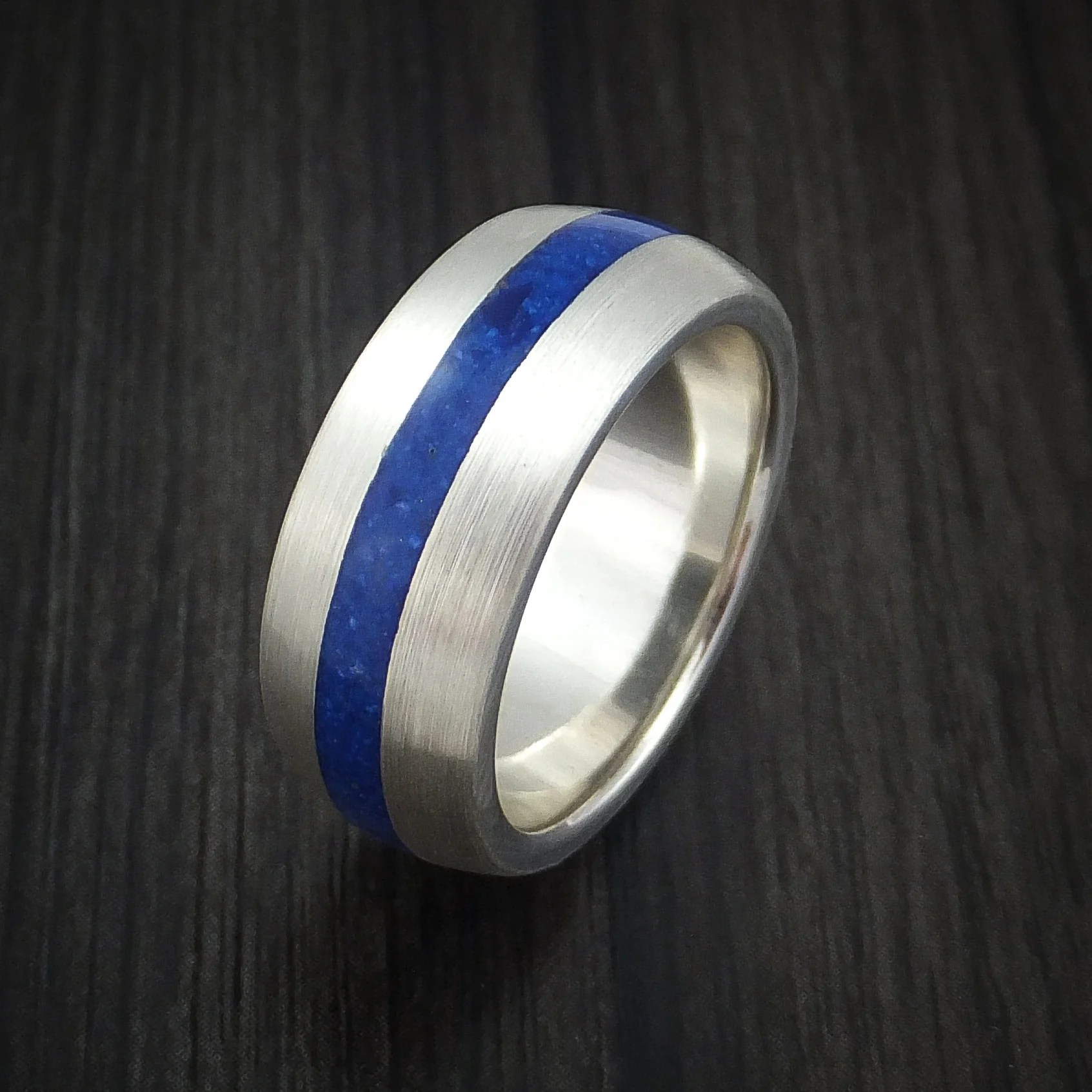Palladium Silver Men's Ring with Lapis Inlay Custom Made Band - Image 4
