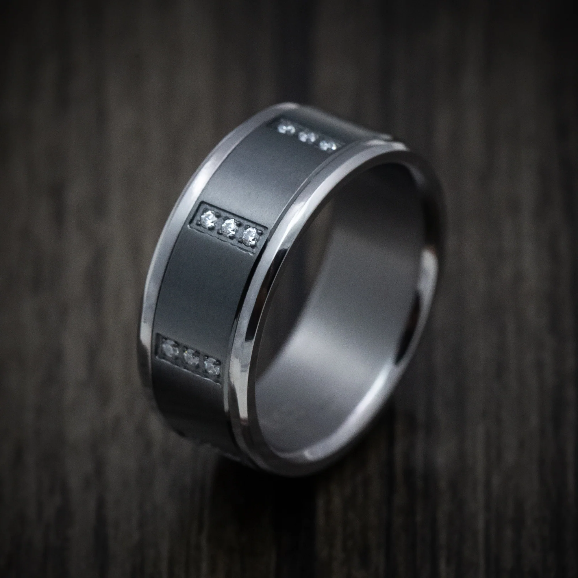 Tantalum Band with Black Titanium Inlay and Diamonds Custom Made Men's Ring - Image 4