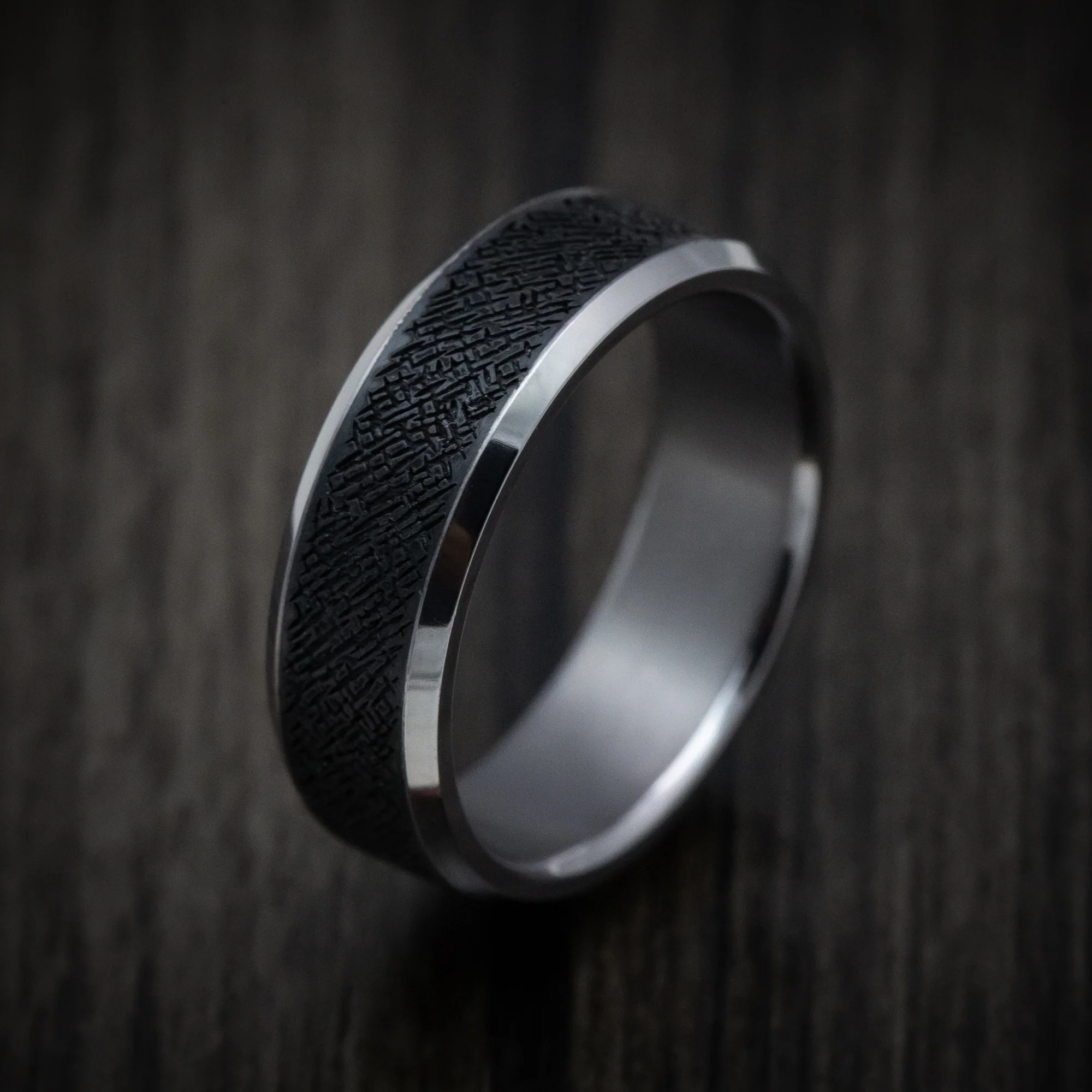 Tantalum Band with Patterned Carbon Fiber Inlay Custom Made Men's Ring - Image 4