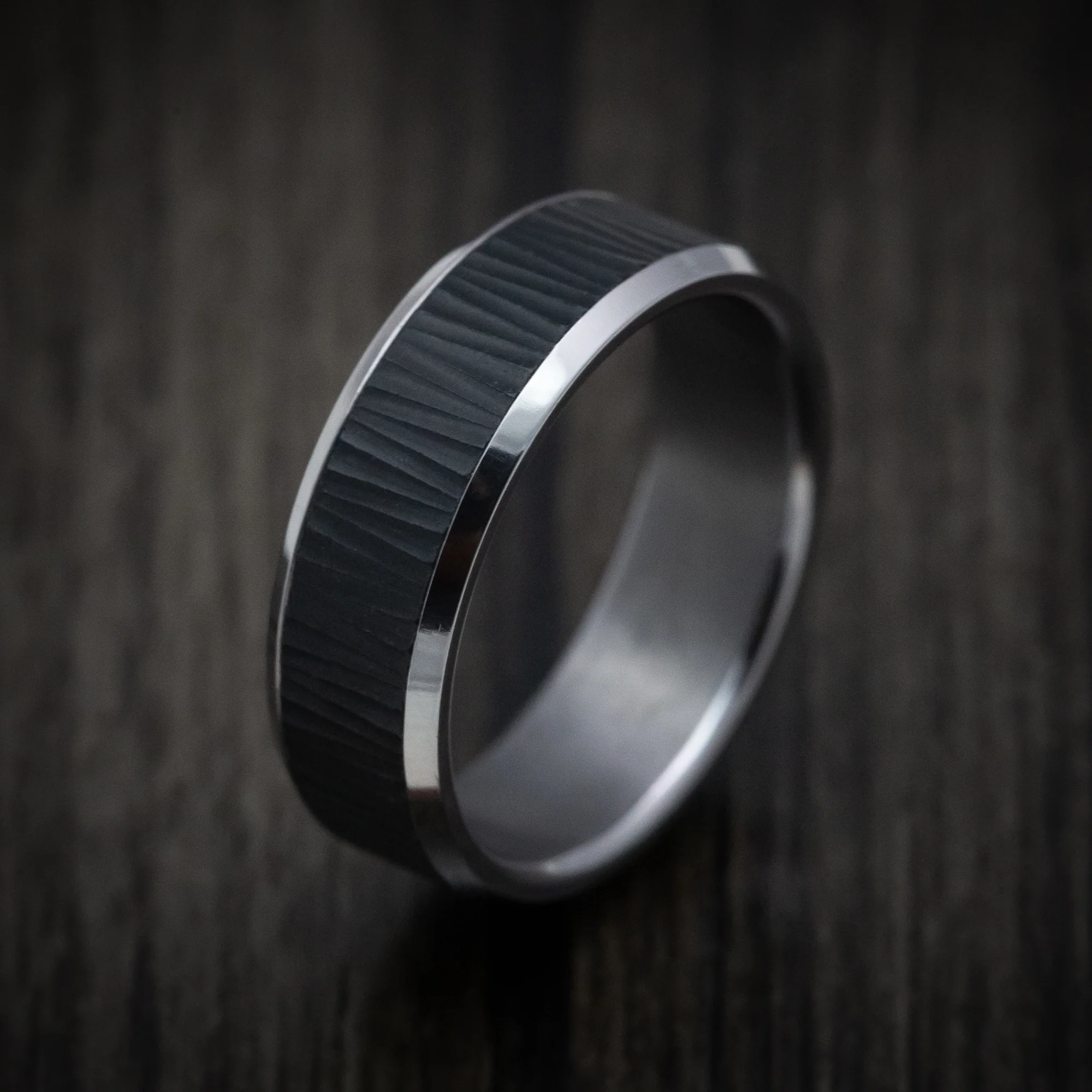 Tantalum Band with Patterned Carbon Fiber Inlay Custom Made Men's Ring - Image 4
