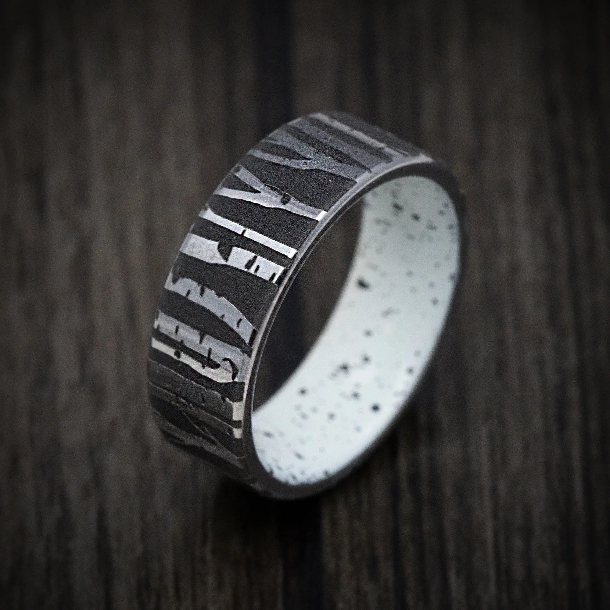 Tantalum Men's Ring with Aspen Design and Bark Pattern Cerakote Sleeve - Image 3