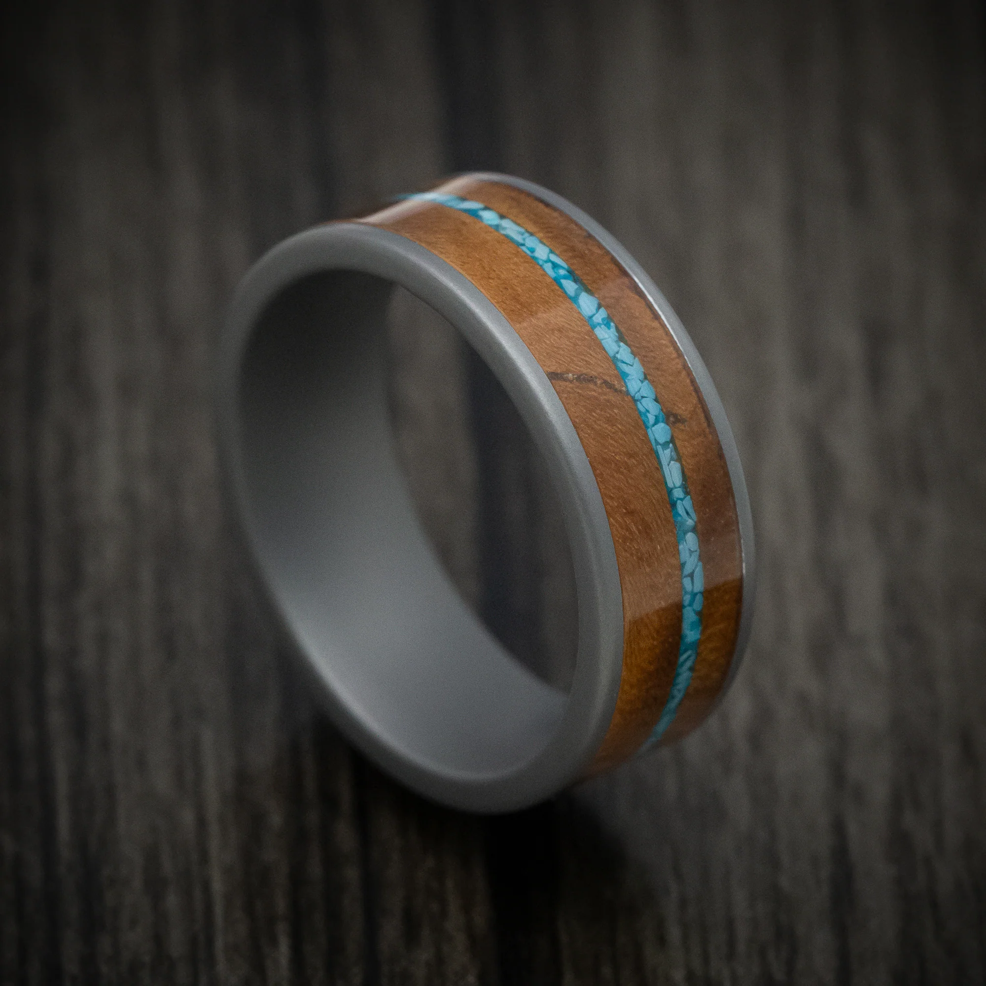 Tungsten Men's Ring with Wood and Turquoise Inlays