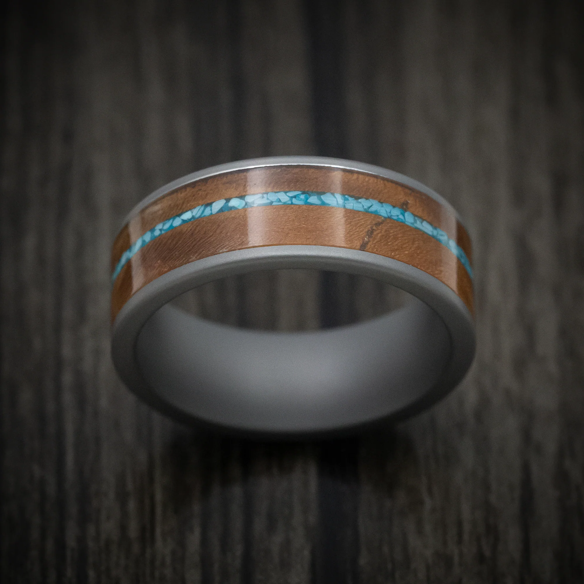 Tungsten Men's Ring with Wood and Turquoise Inlays - Image 2