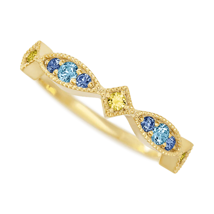 Theodora Style 14k Yellow Gold Ring / Half Eternity .27 TCW of Yellow Sapphire, Aqua Diamonds, and Denim Blue Sapphires / Size 6.5 - Image 3