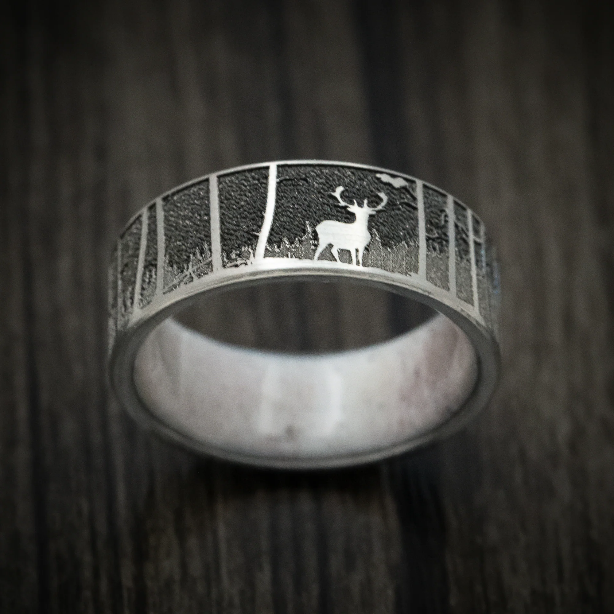 Titanium and Antler Men's Ring with Elk Mountain Woods Engraving Custom Made - Image 2
