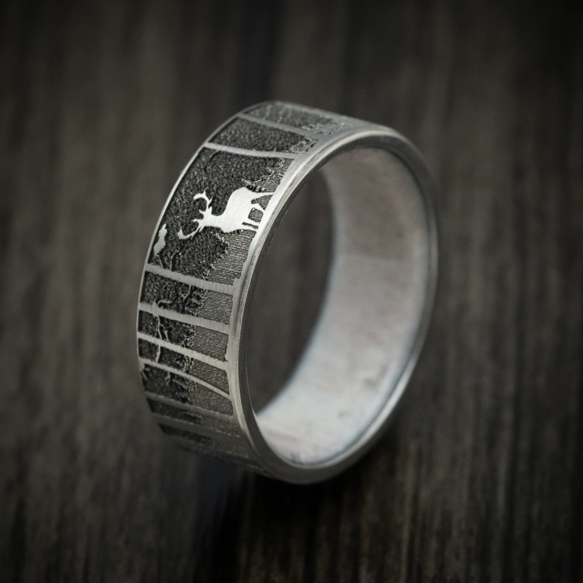 Titanium and Antler Men's Ring with Elk Mountain Woods Engraving Custom Made - Image 4
