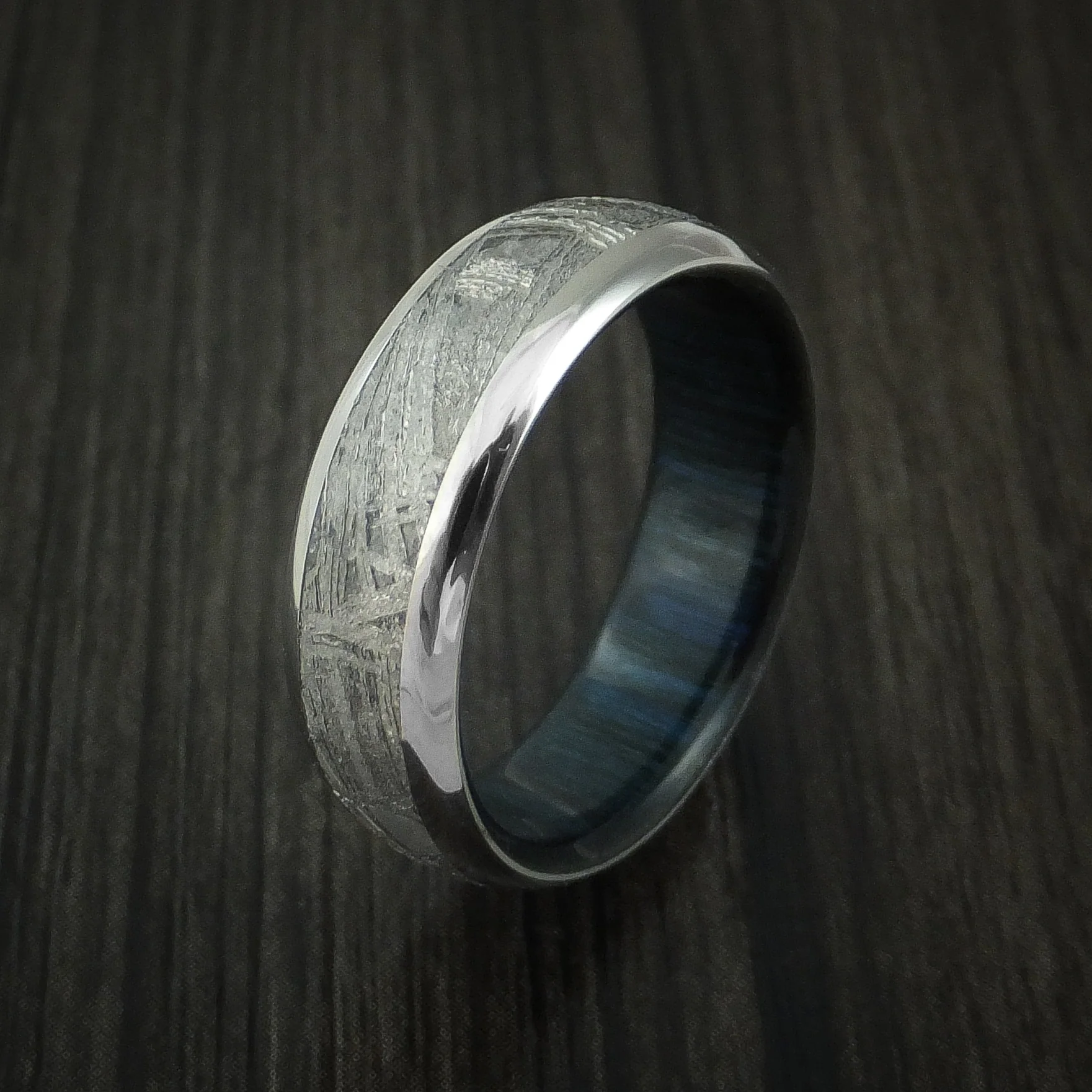 Titanium and Gibeon Meteorite Men's Band with Blueberry Wood Sleeve Custom Made Men's Band - Image 4