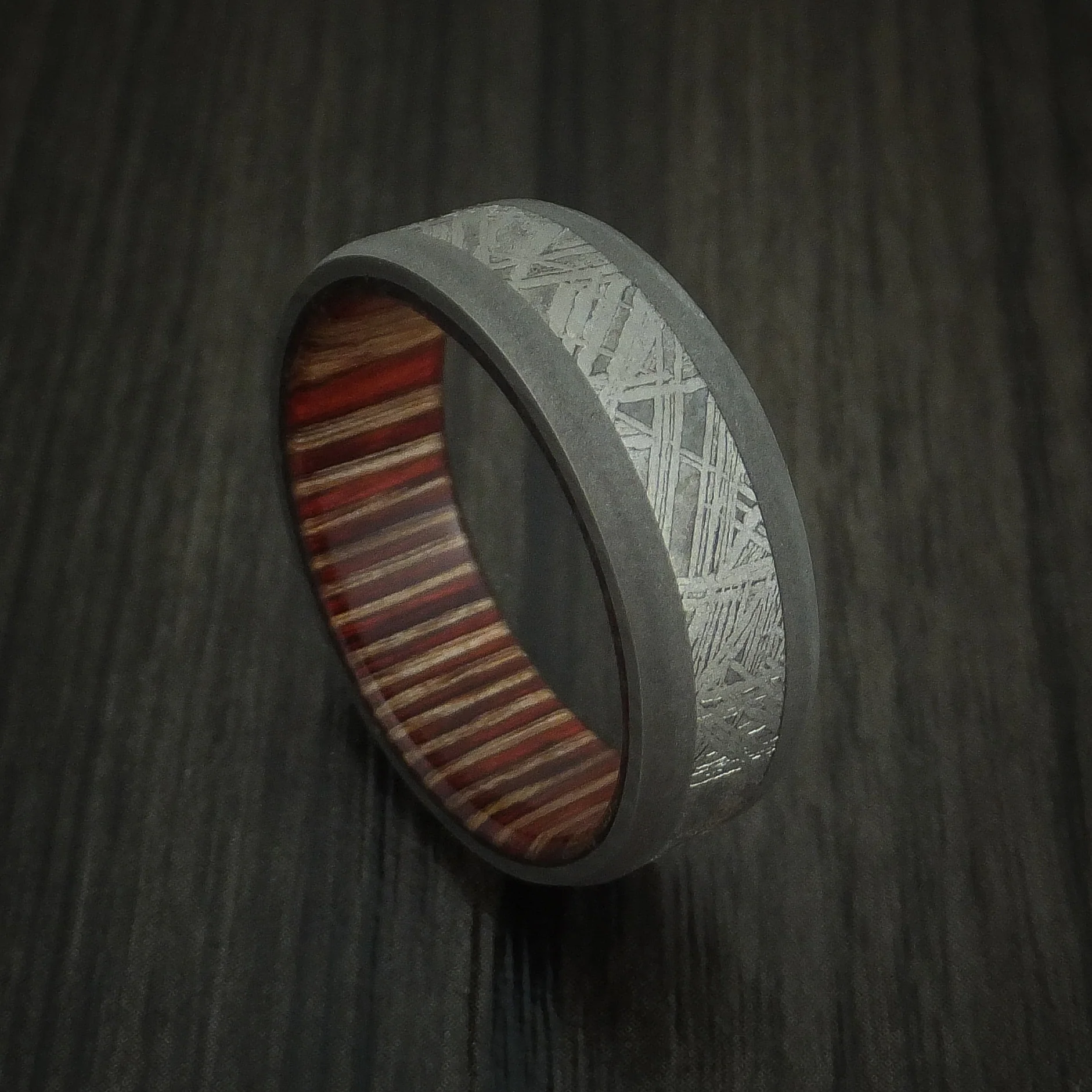 Titanium and Gibeon Meteorite Men's Band with English Oak Wood Sleeve Custom Made Men's Band
