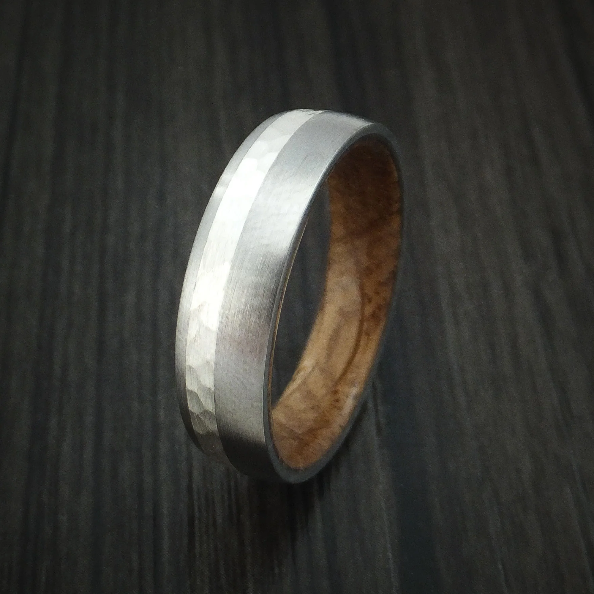 Titanium and Silver Men's Ring with Hardwood Sleeve Hammered Wedding Band Custom Made - Image 4