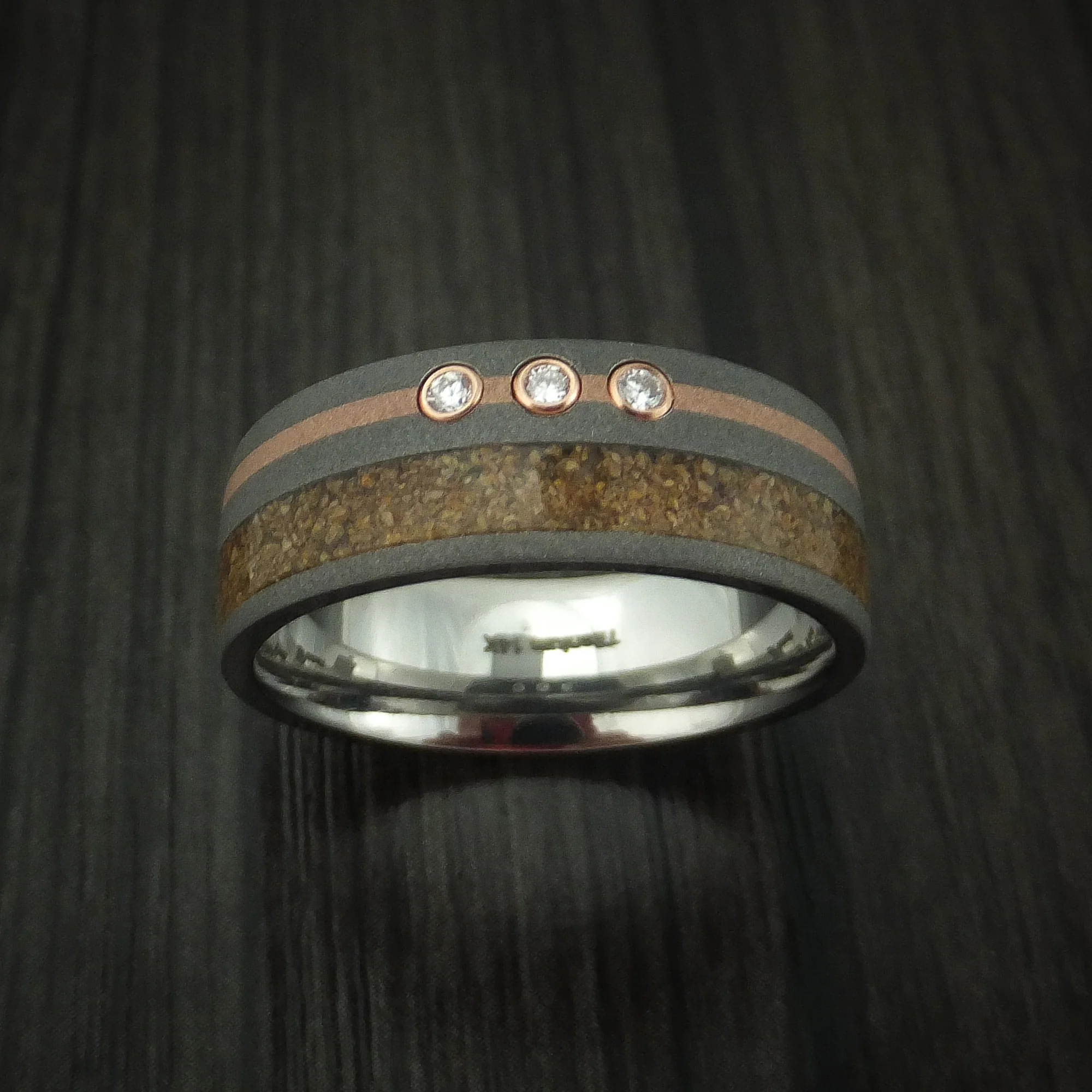 Titanium And Tan Dinosaur Bone Men's Ring With 14K Rose Gold and Diamonds Custom Made Fossil Band - Image 2
