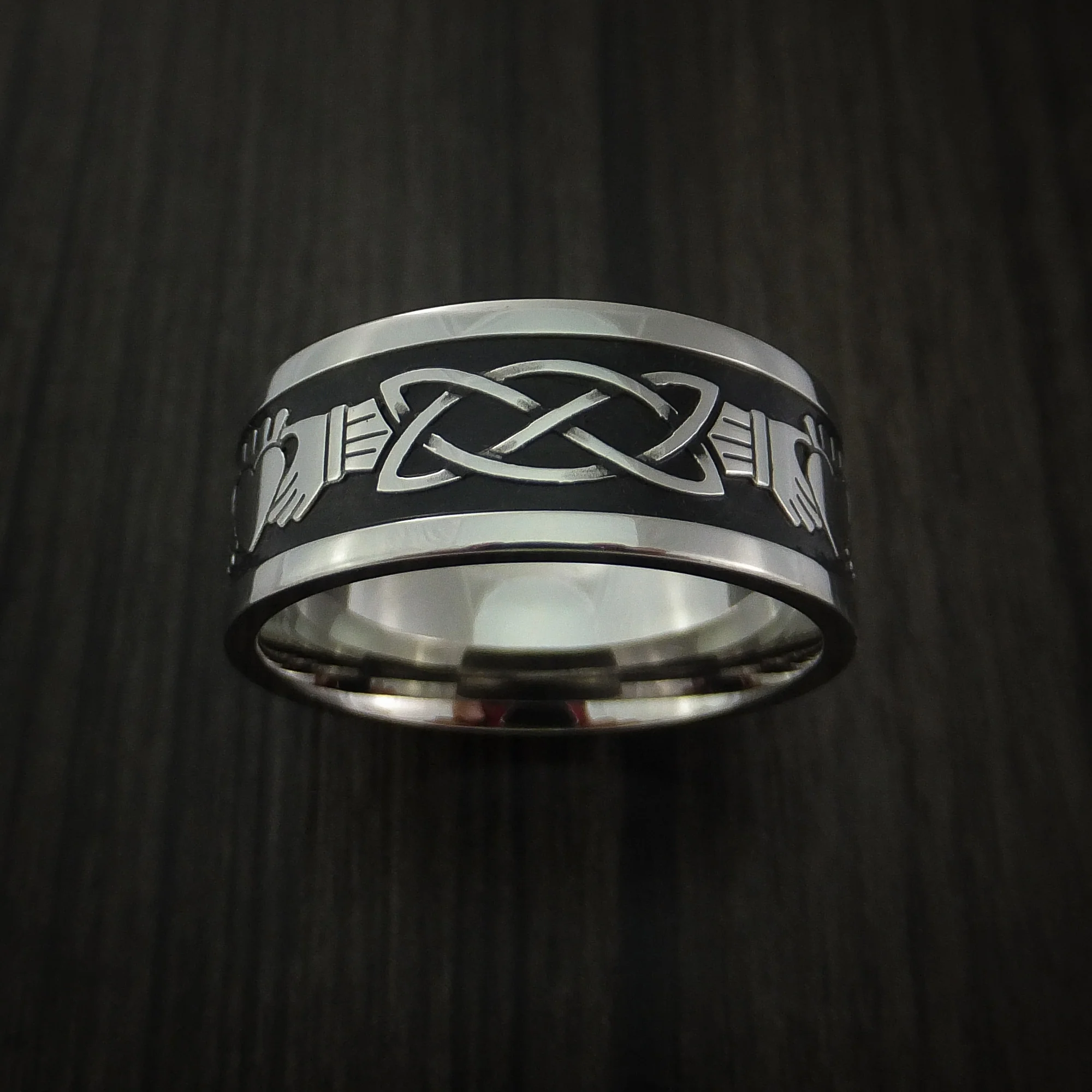 Titanium Celtic Irish Claddagh Men's Ring Hands Clasping a Heart Carved Cerakote Band - Image 3