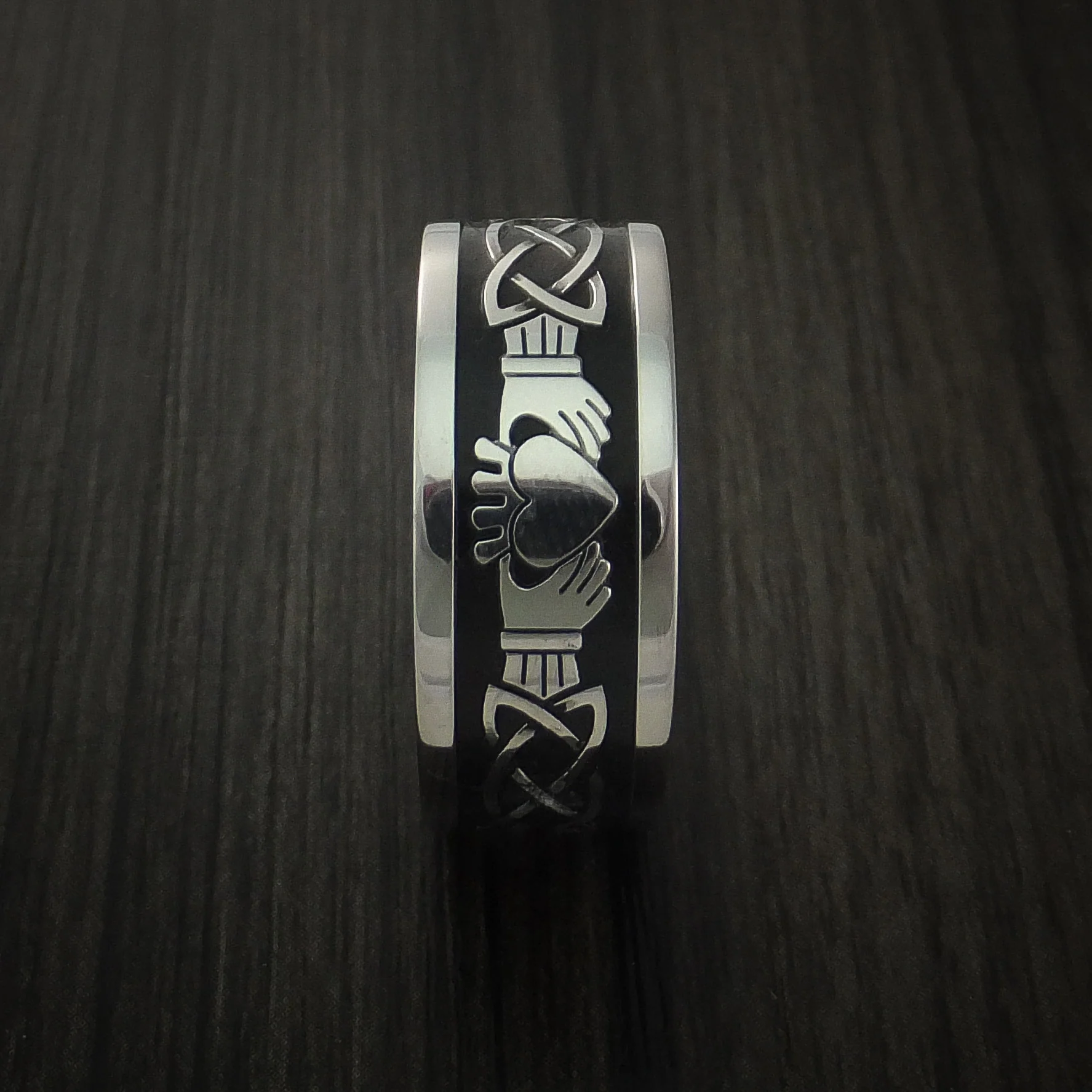 Titanium Celtic Irish Claddagh Men's Ring Hands Clasping a Heart Carved Cerakote Band - Image 4