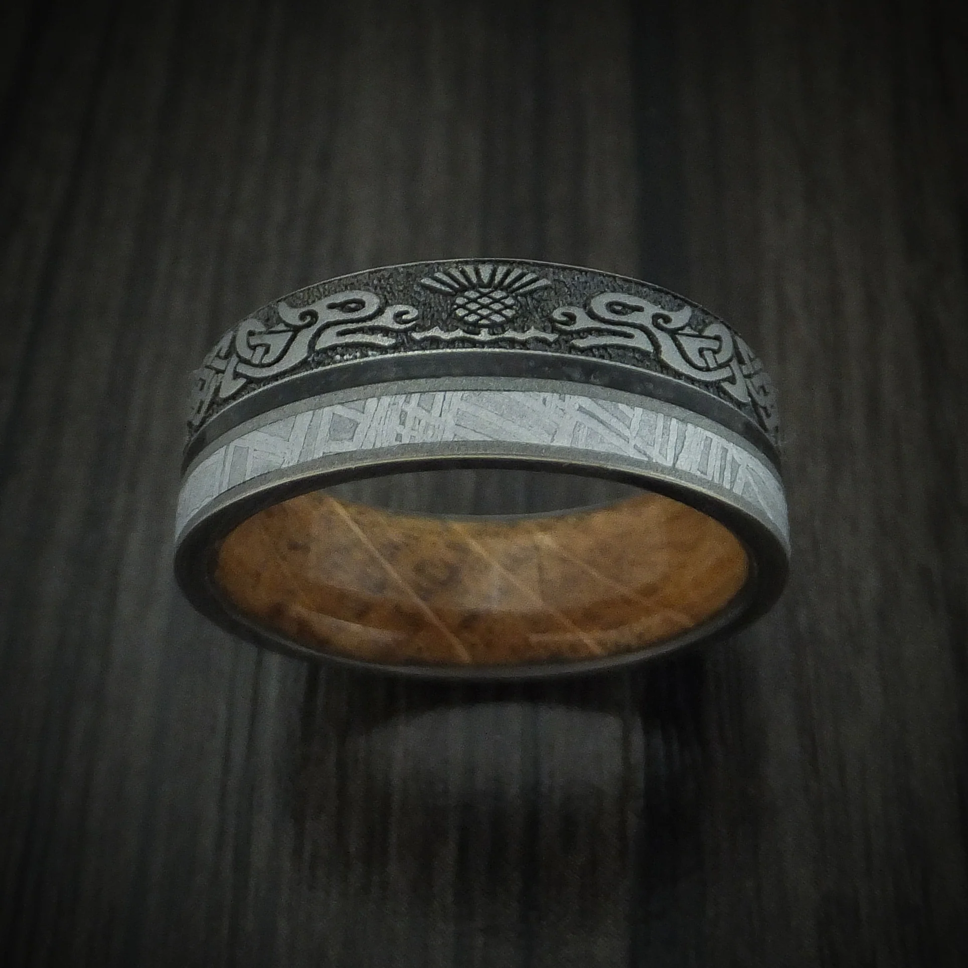 Titanium Dragon Celtic Men's Ring with Meteorite and Dinosaur Bone along with a Hardwood Sleeve - Image 2