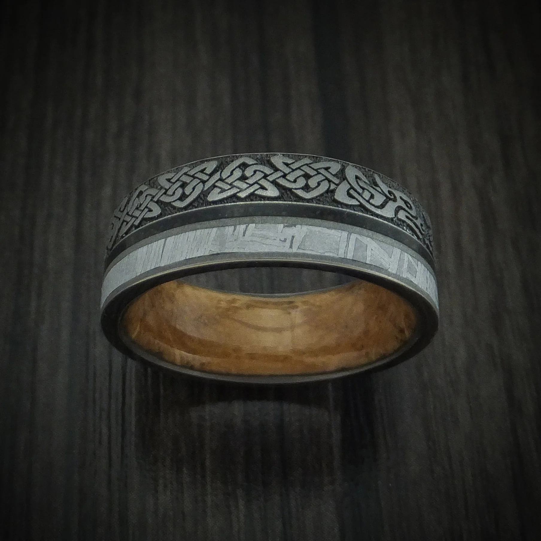 Titanium Dragon Celtic Men's Ring with Meteorite and Dinosaur Bone along with a Hardwood Sleeve - Image 3