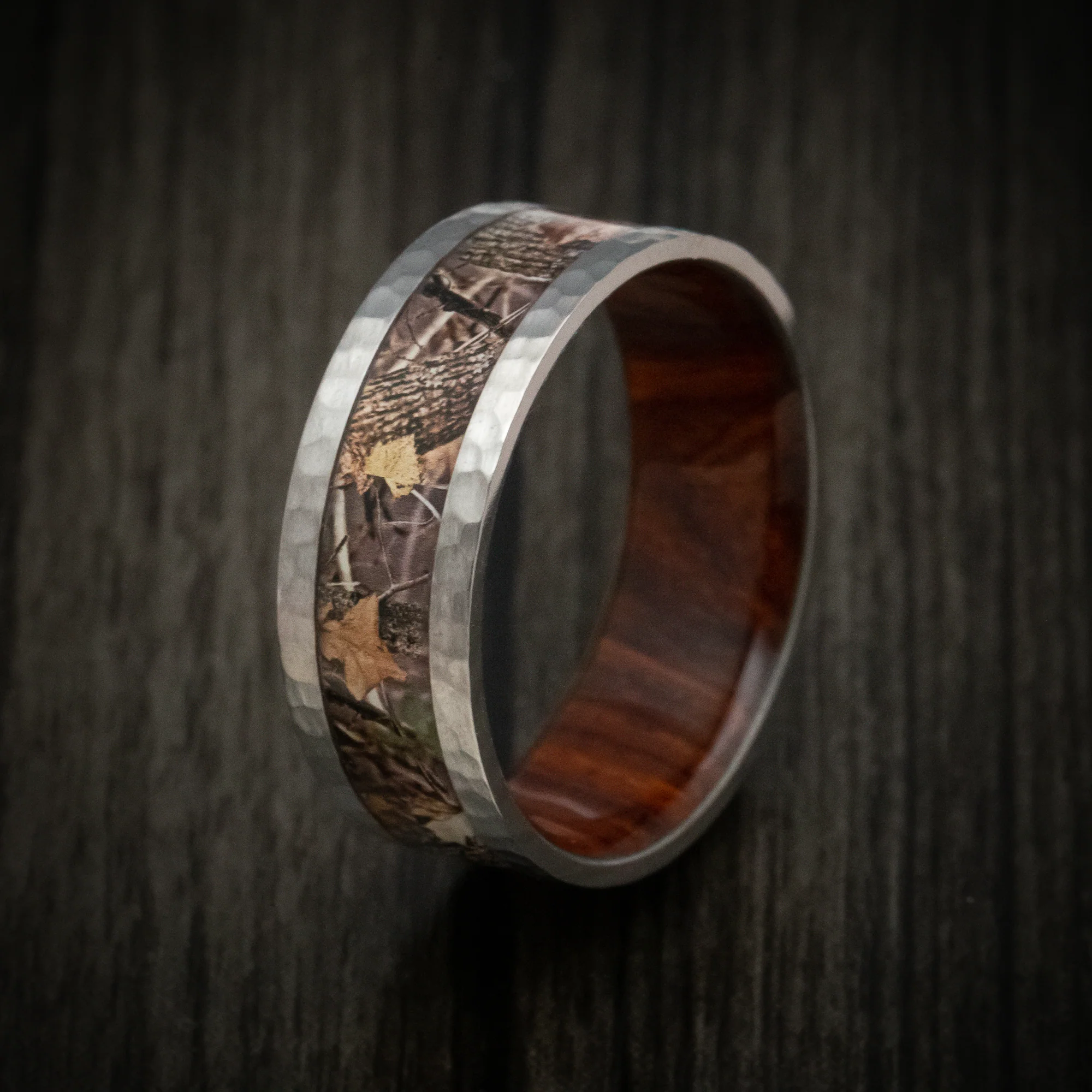 Hammered Titanium Men's Ring with Camo Inlay and Wood Sleeve Custom Made Wedding Band - Image 4