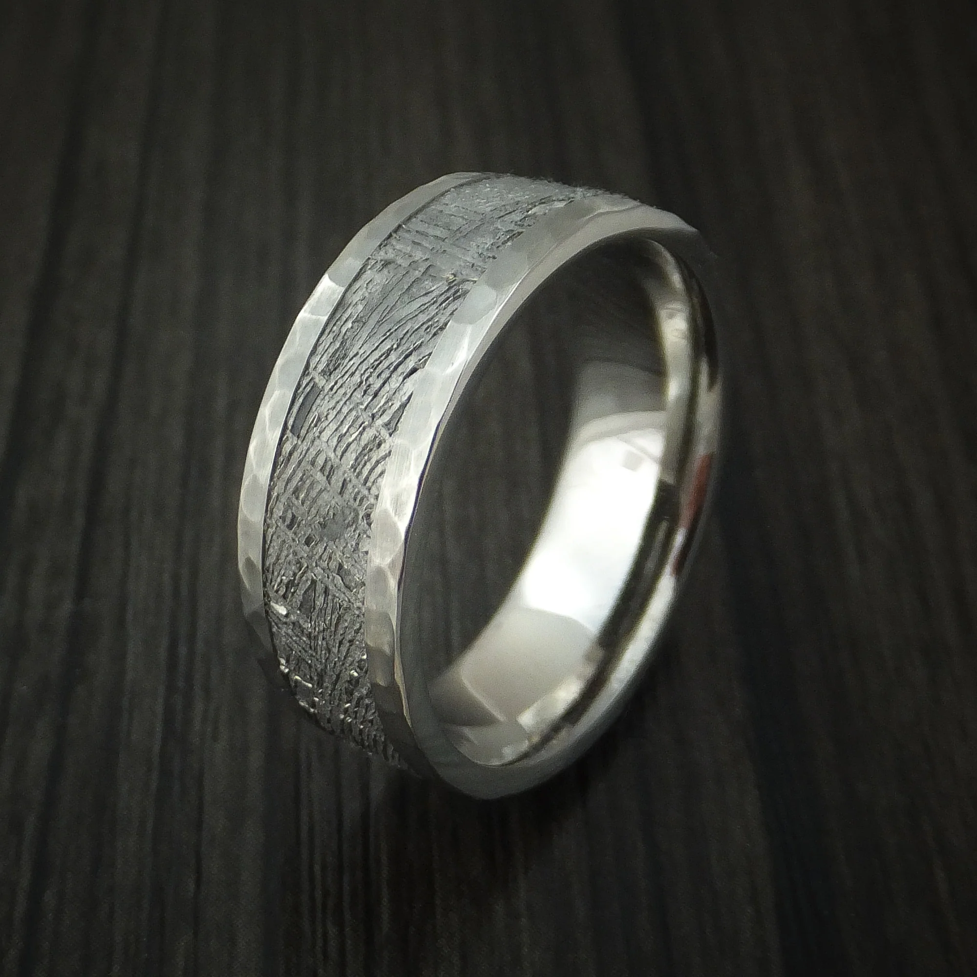 Titanium Hammered Men's Ring with Gibeon Meteorite Inlay Custom Made - Image 4