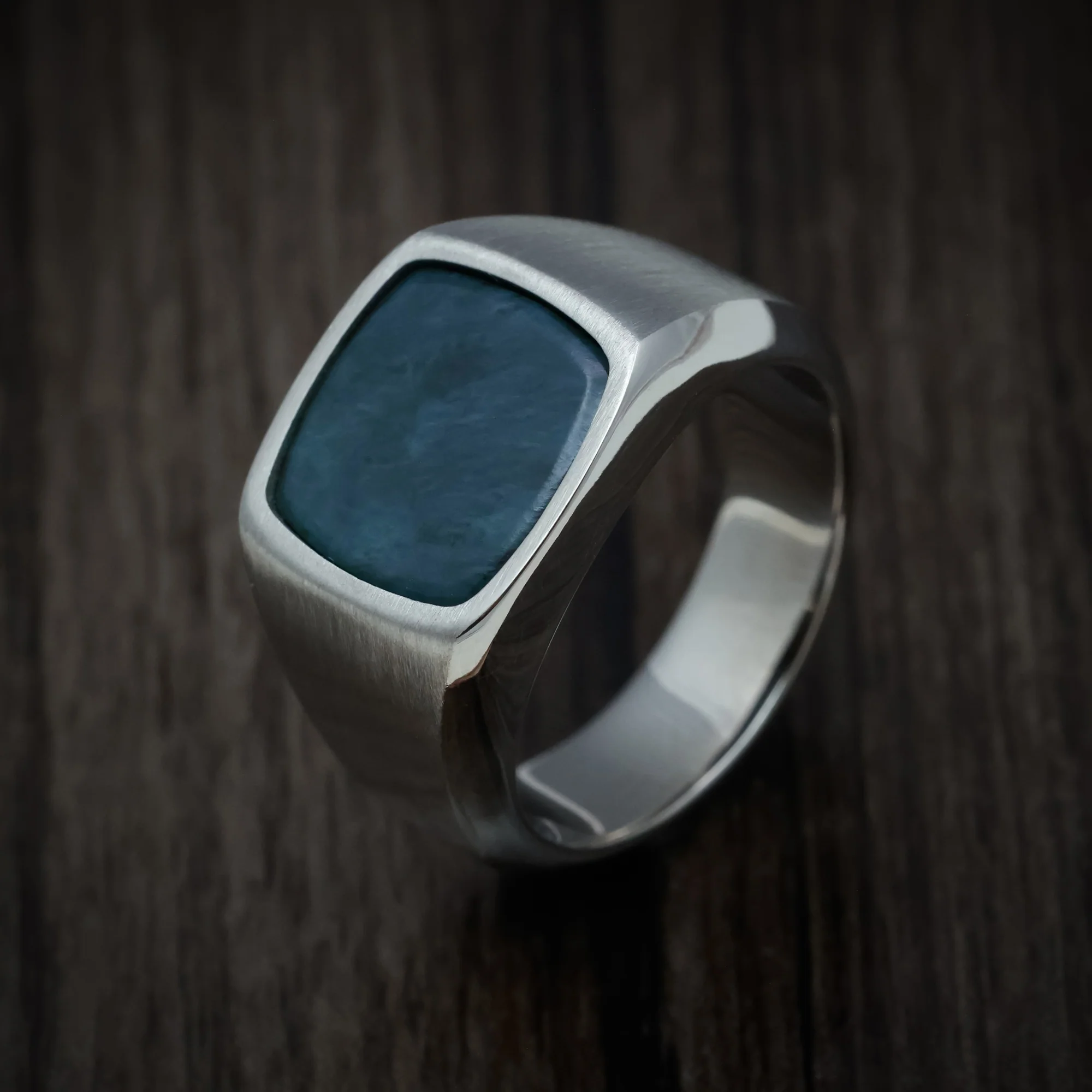 Titanium Medium Signet Ring with Washington Blue Jade Stone Inlay - Image 3