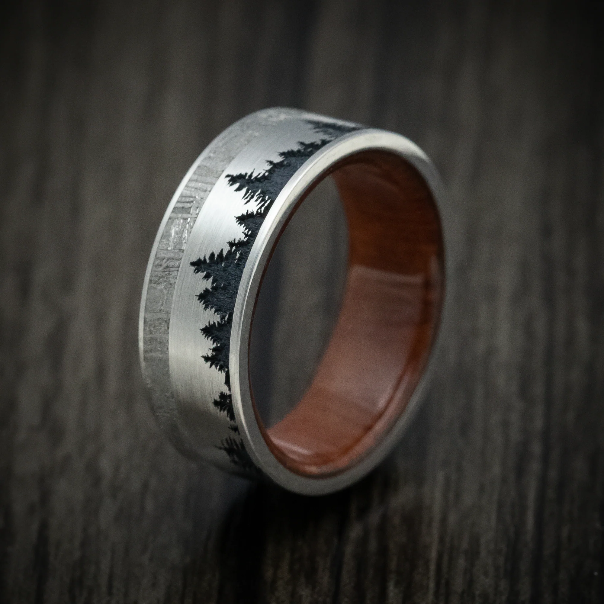 Titanium Men's Ring with Spruce Pine Tree Design, Wood Sleeve and Gibeon Meteorite Inlay Custom Made Band - Image 4