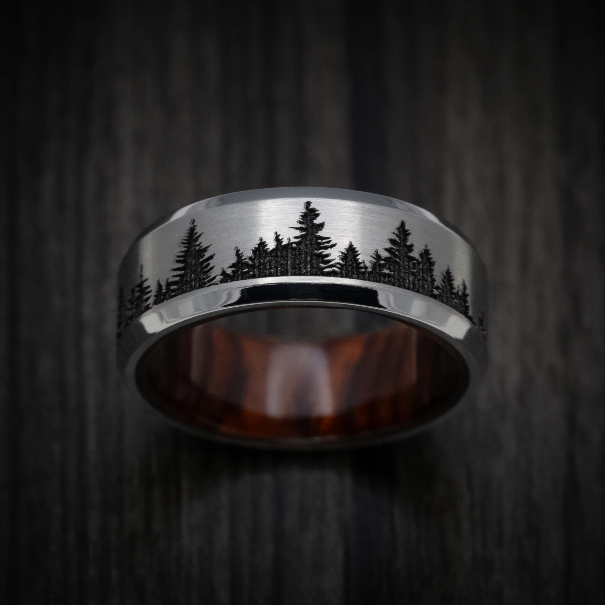 Titanium Men's Ring with Spruce Pine Tree Design and Hardwood Sleeve Custom Made Band - Image 2