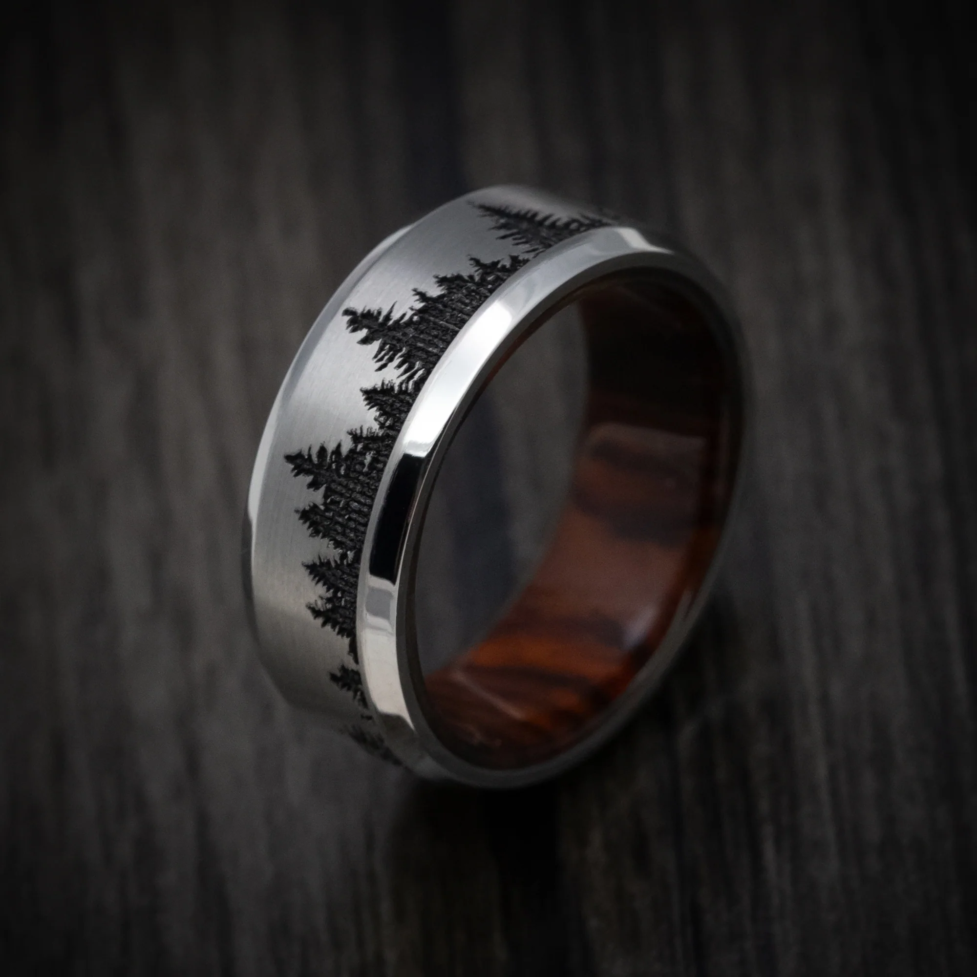 Titanium Men's Ring with Spruce Pine Tree Design and Hardwood Sleeve Custom Made Band - Image 3