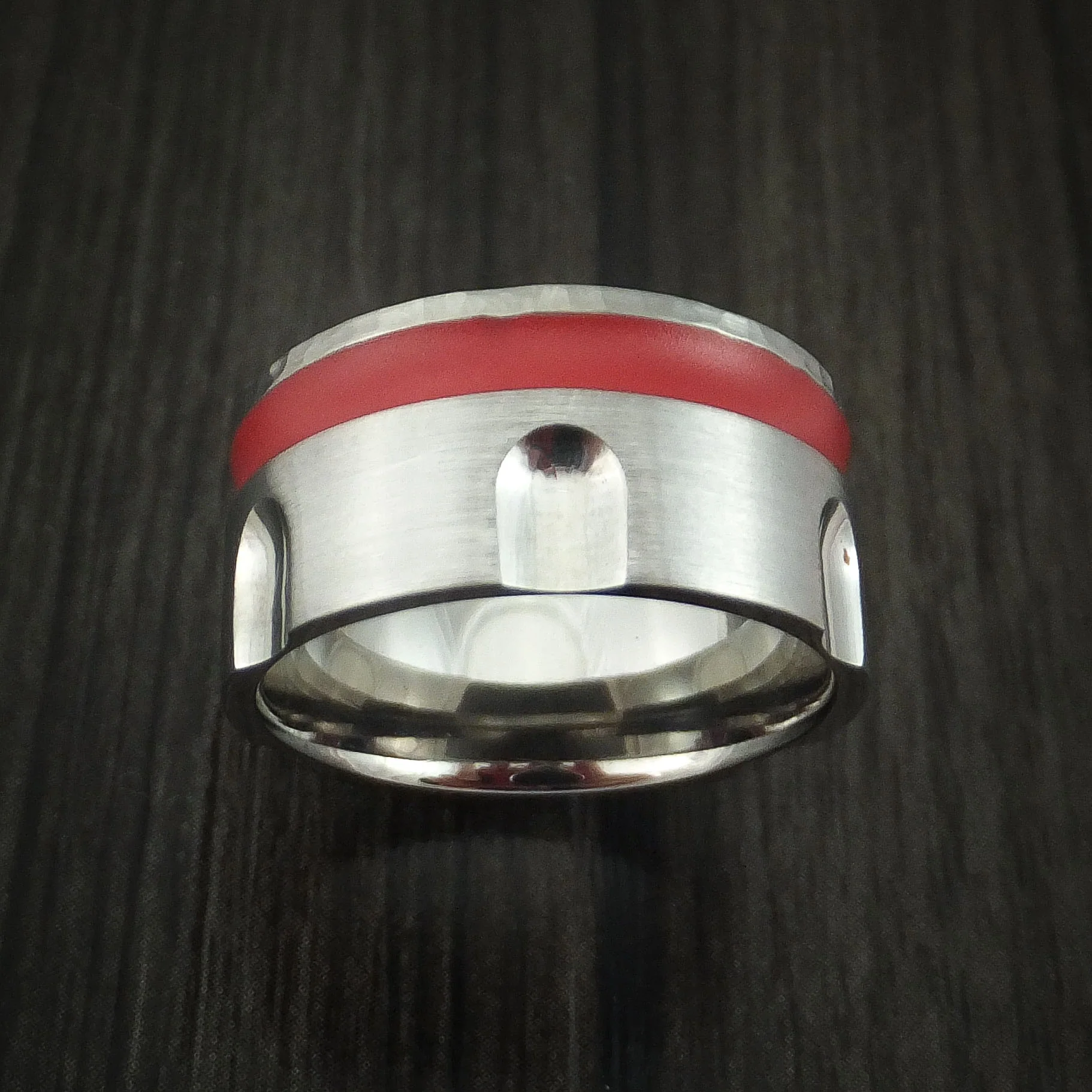 Titanium Revolver Men's Ring with Red Cerakote Inlay and Hammered Edge Custom Made - Image 2
