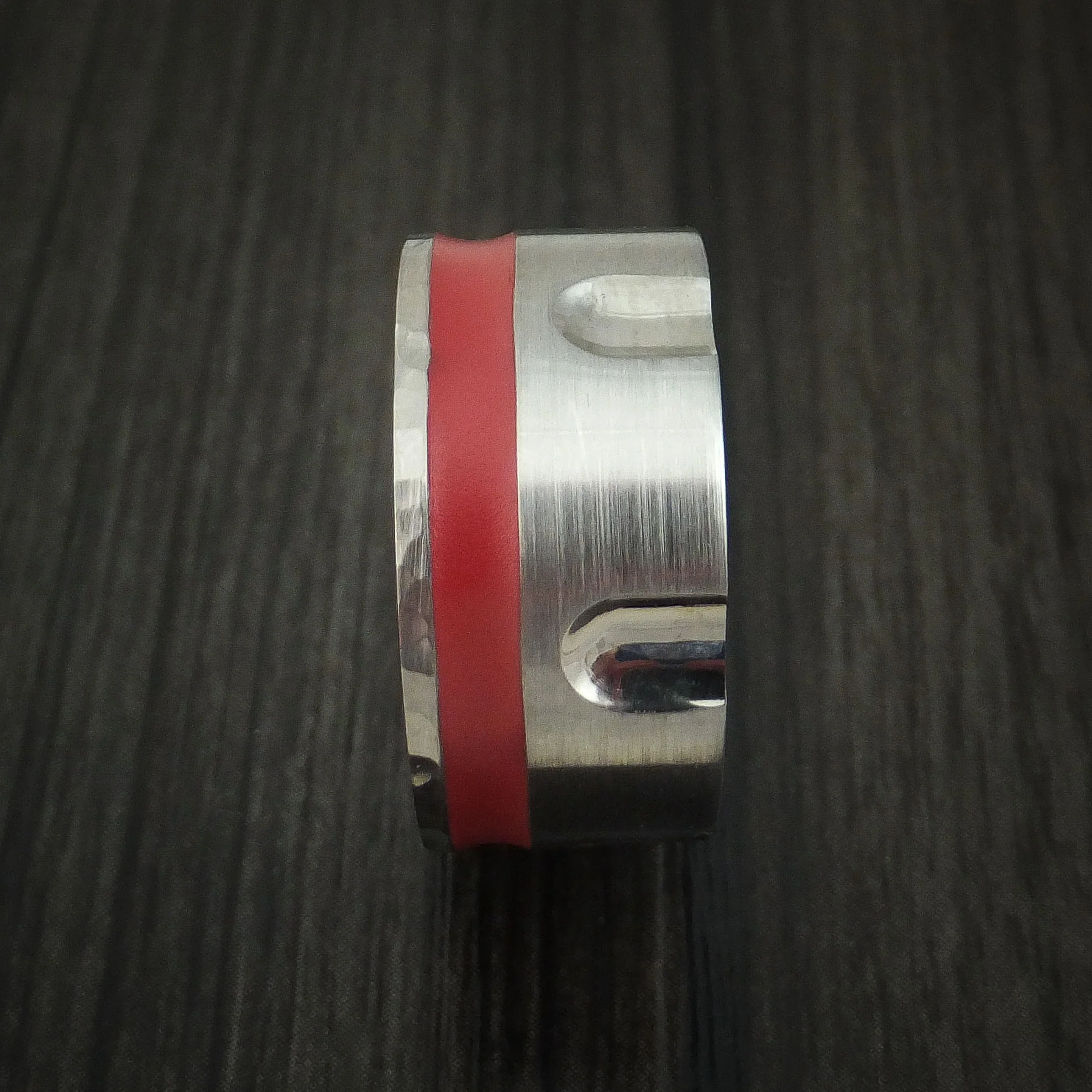 Titanium Revolver Men's Ring with Red Cerakote Inlay and Hammered Edge Custom Made - Image 3