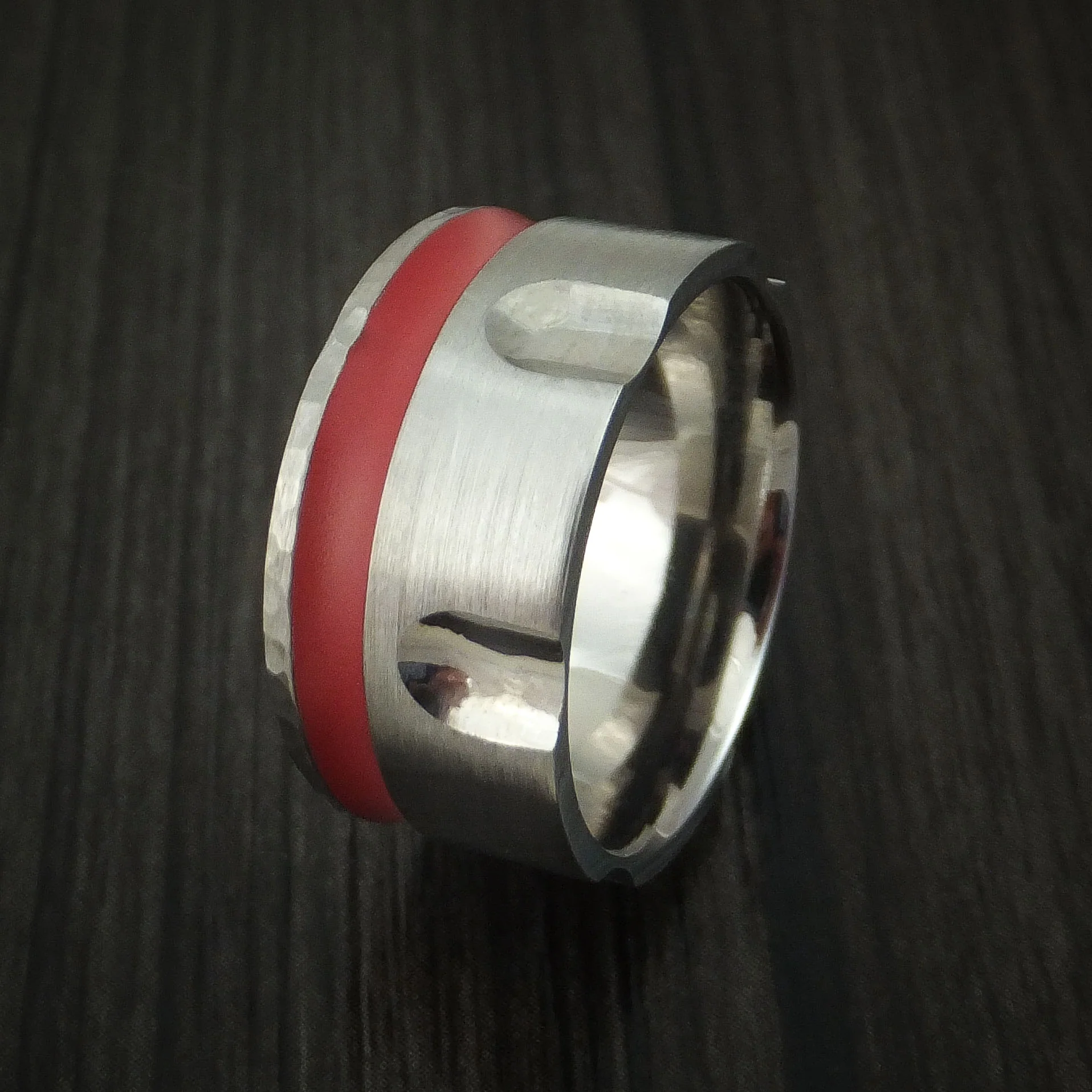 Titanium Revolver Men's Ring with Red Cerakote Inlay and Hammered Edge Custom Made - Image 4