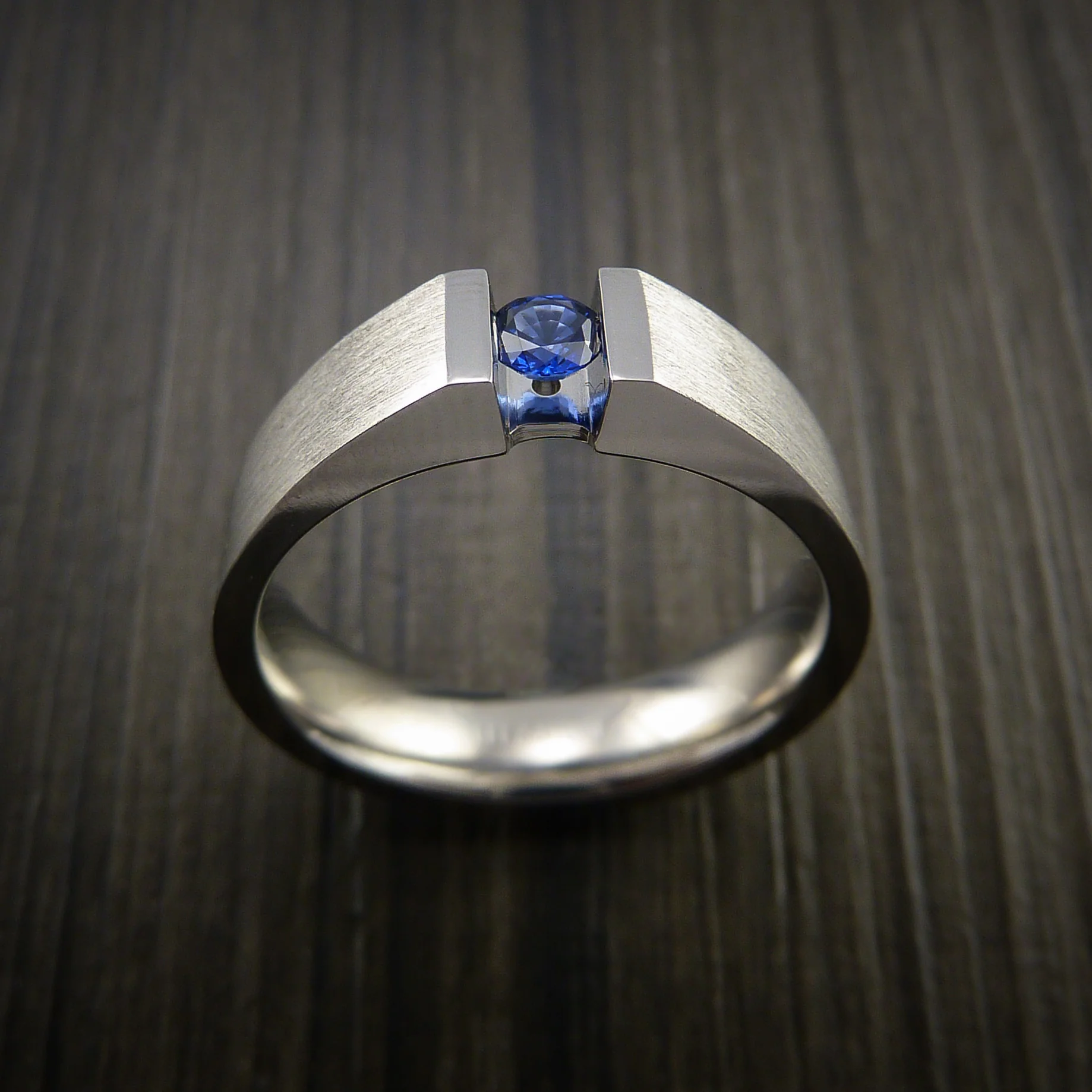 Titanium Ring Tension Set Band with Round Blue Sapphire Stone - Image 4