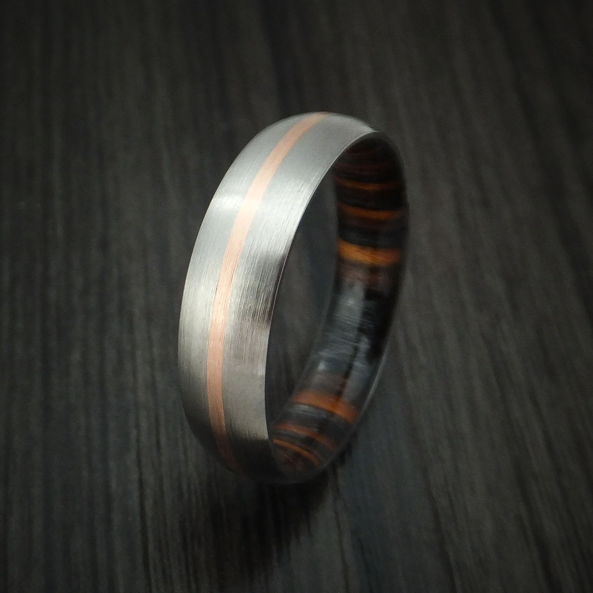 Titanium Men's Ring with 14k Rose Gold Inlay and Ember Wood Sleeve - Image 4