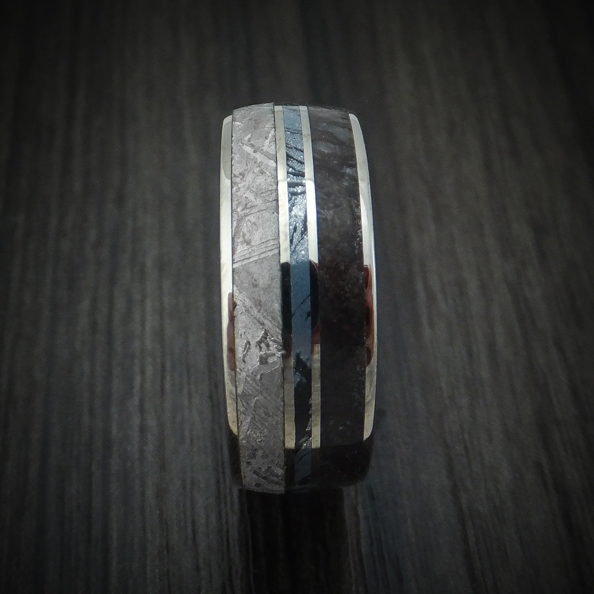 Titanium Men's Ring with Dinosaur Bone and Gibeon Meteorite and SpectraMokume Inlay Custom Made Band - Image 3
