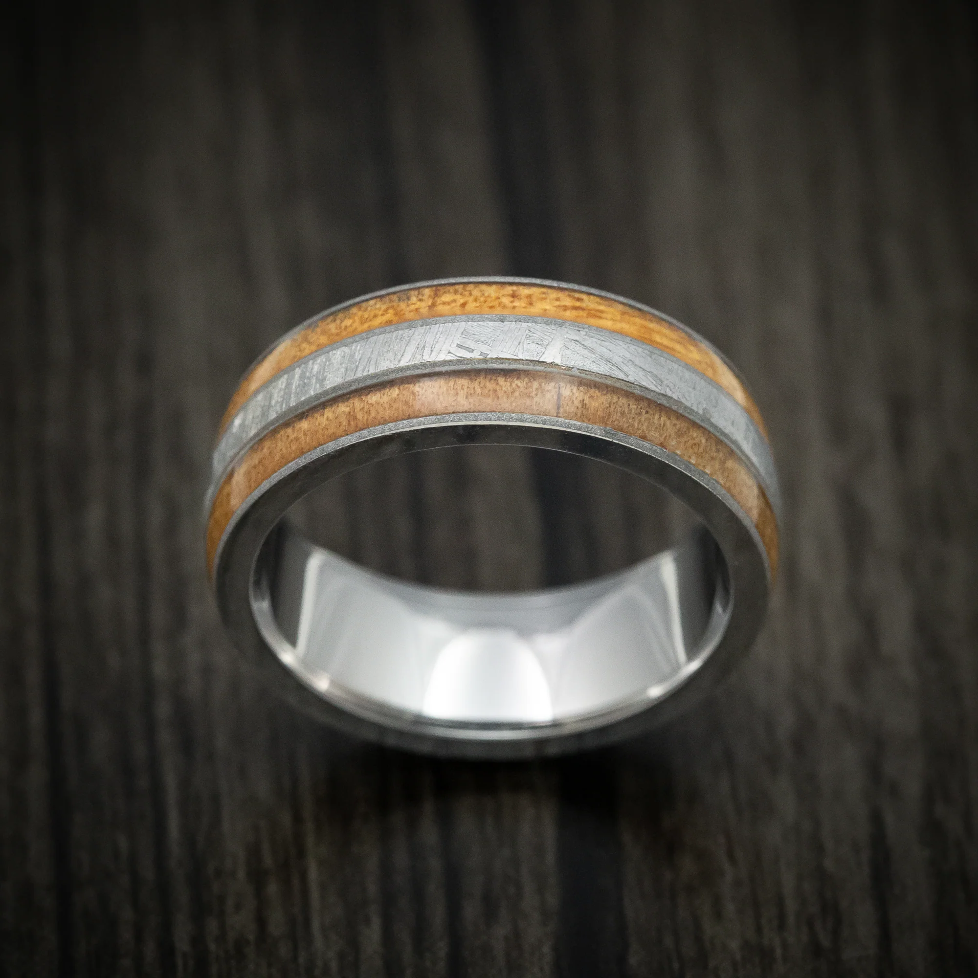 Titanium Men's Ring with Gibeon Meteorite and Wood Inlays Custom Made Band - Image 2