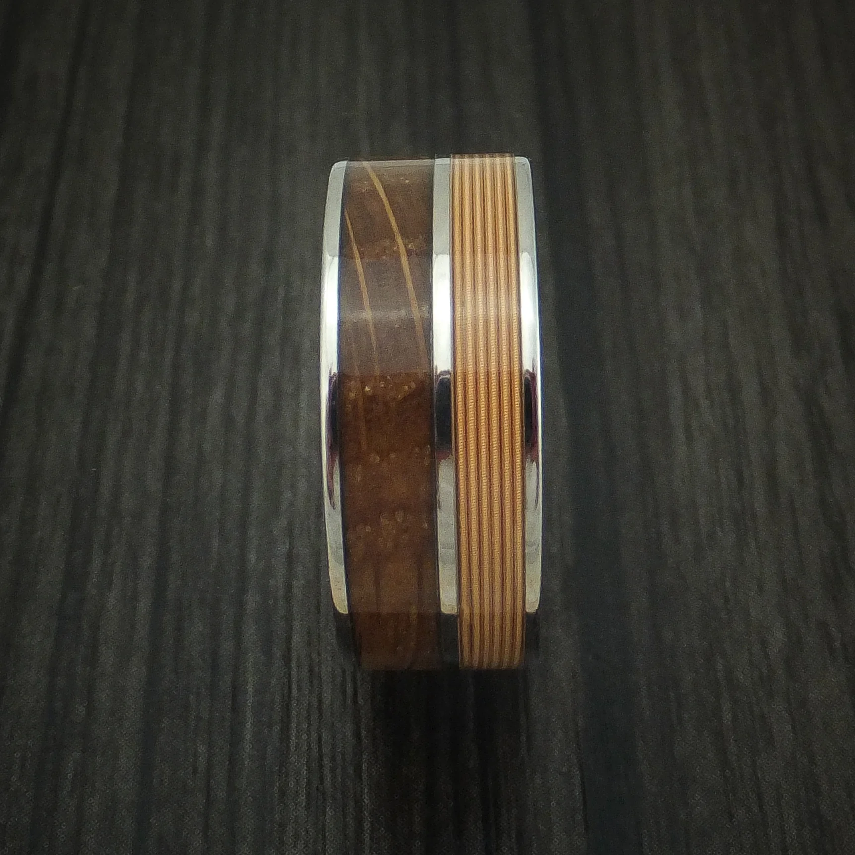 Titanium Men's Ring with Guitar String and Whiskey Barrel Wood Inlays Custom Made Band - Image 3