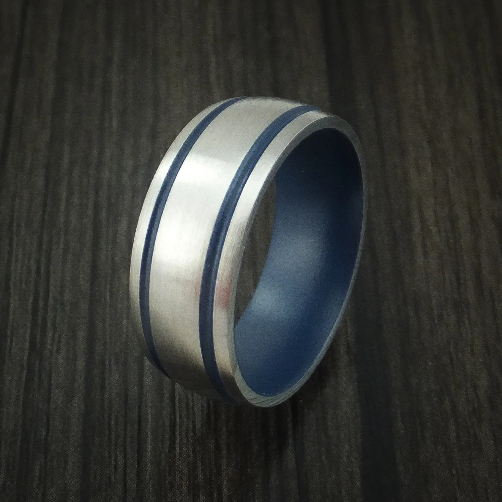 Titanium Men's Ring with Civil Defense Blue Cerakote Grooves and Sleeve Custom Made Band - Image 4