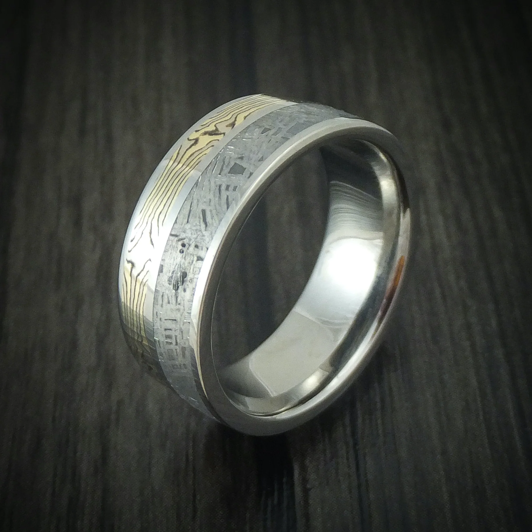 Titanium Men's Ring with Mokume Gane and Meteorite Custom Made - Image 3
